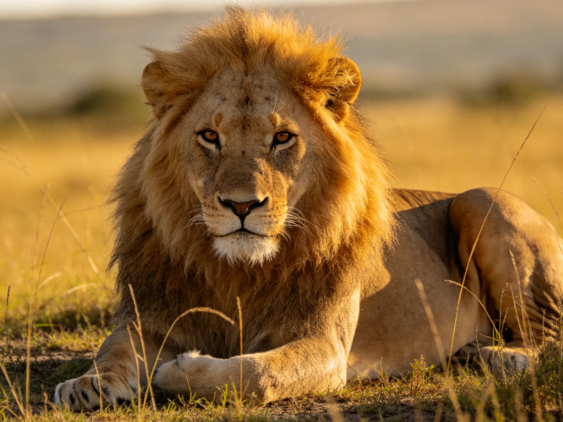A majestic male lion rests calmly in sunlit savannah grass.