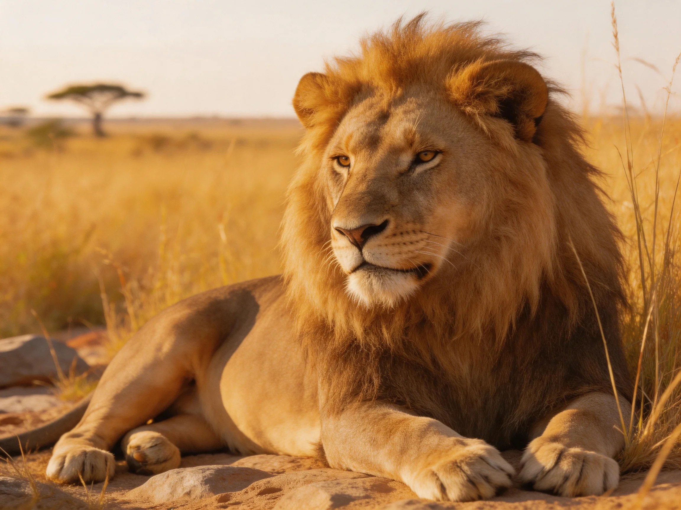 A majestic male lion rests calmly in golden savannah terrain.