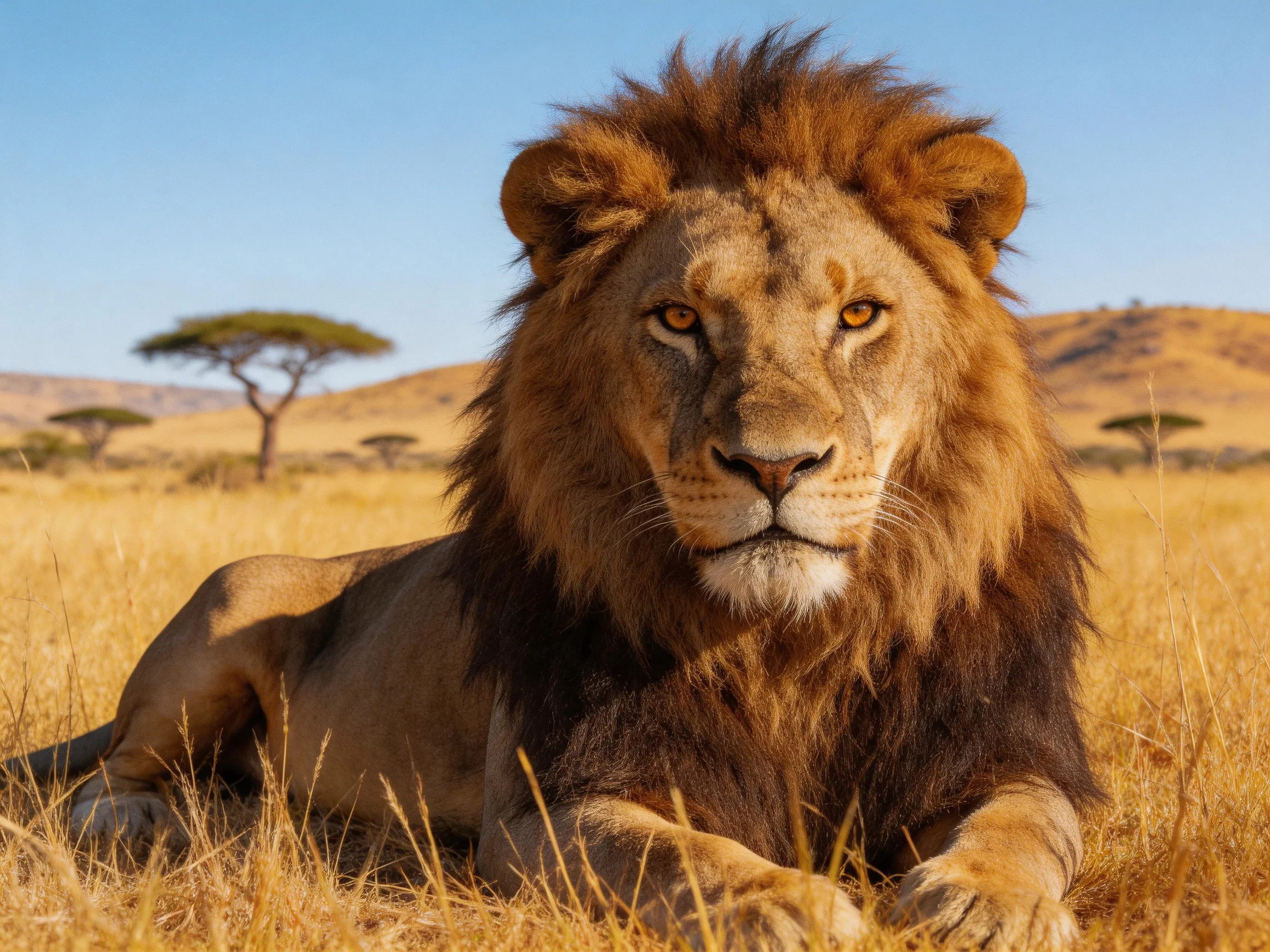 A majestic male lion rests calmly in golden savannah grass.