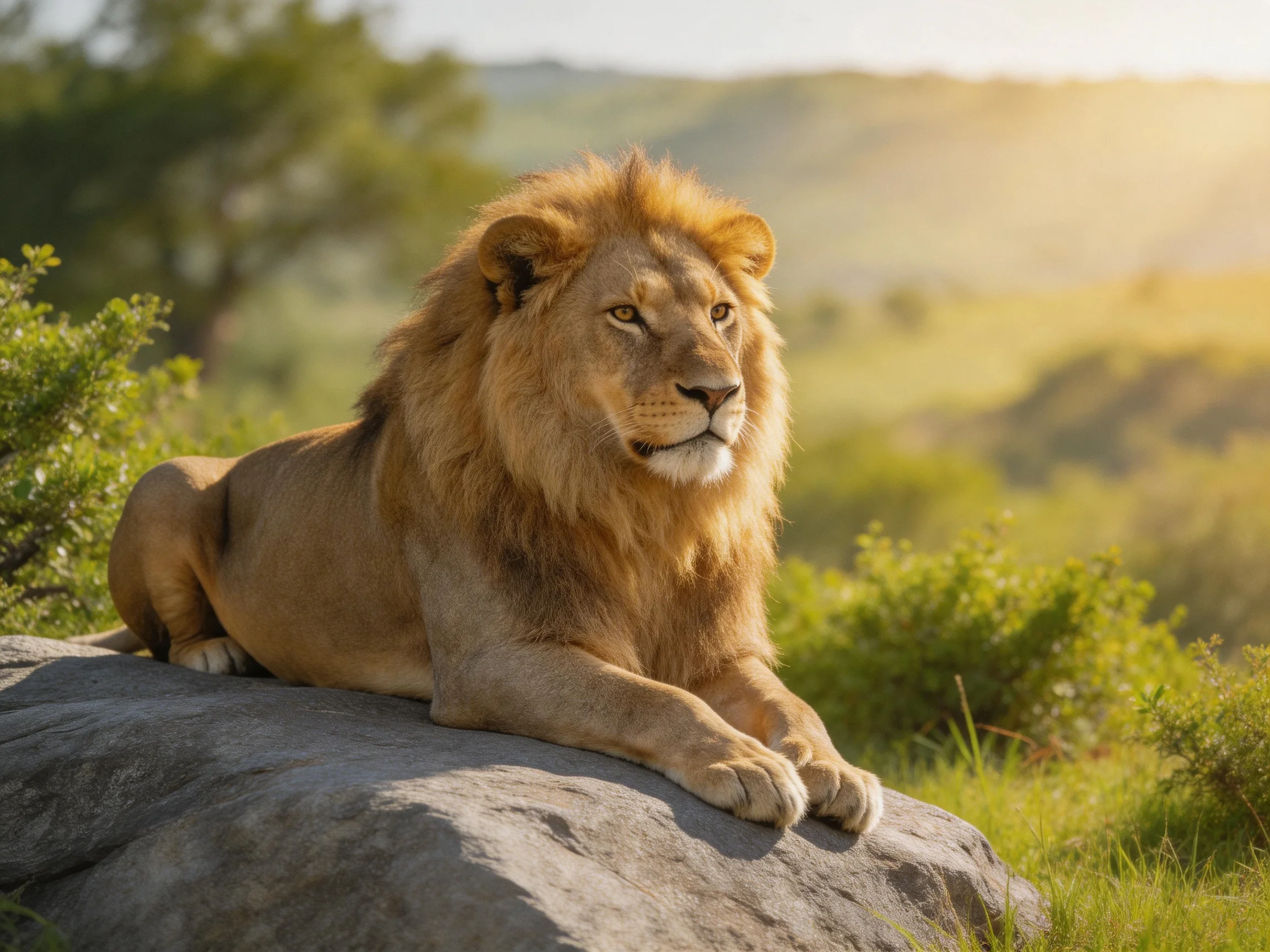 A majestic male lion lies on a rock amid a sunlit savannah landscape.