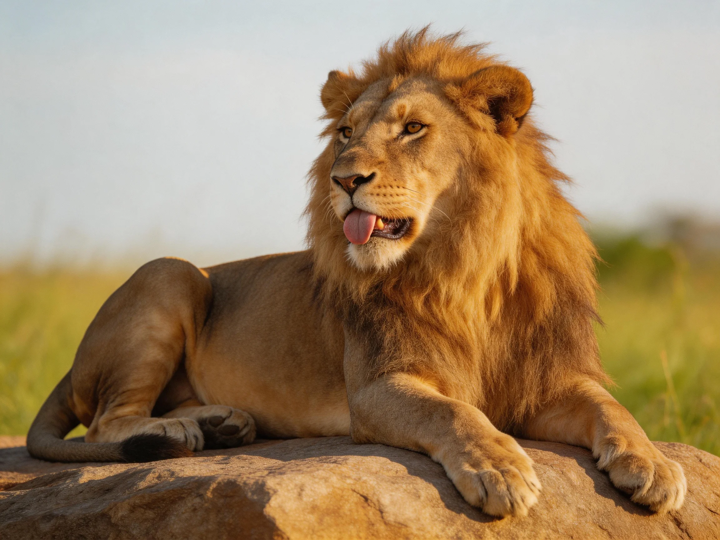 A majestic male lion rests on a large rock in golden savannah light