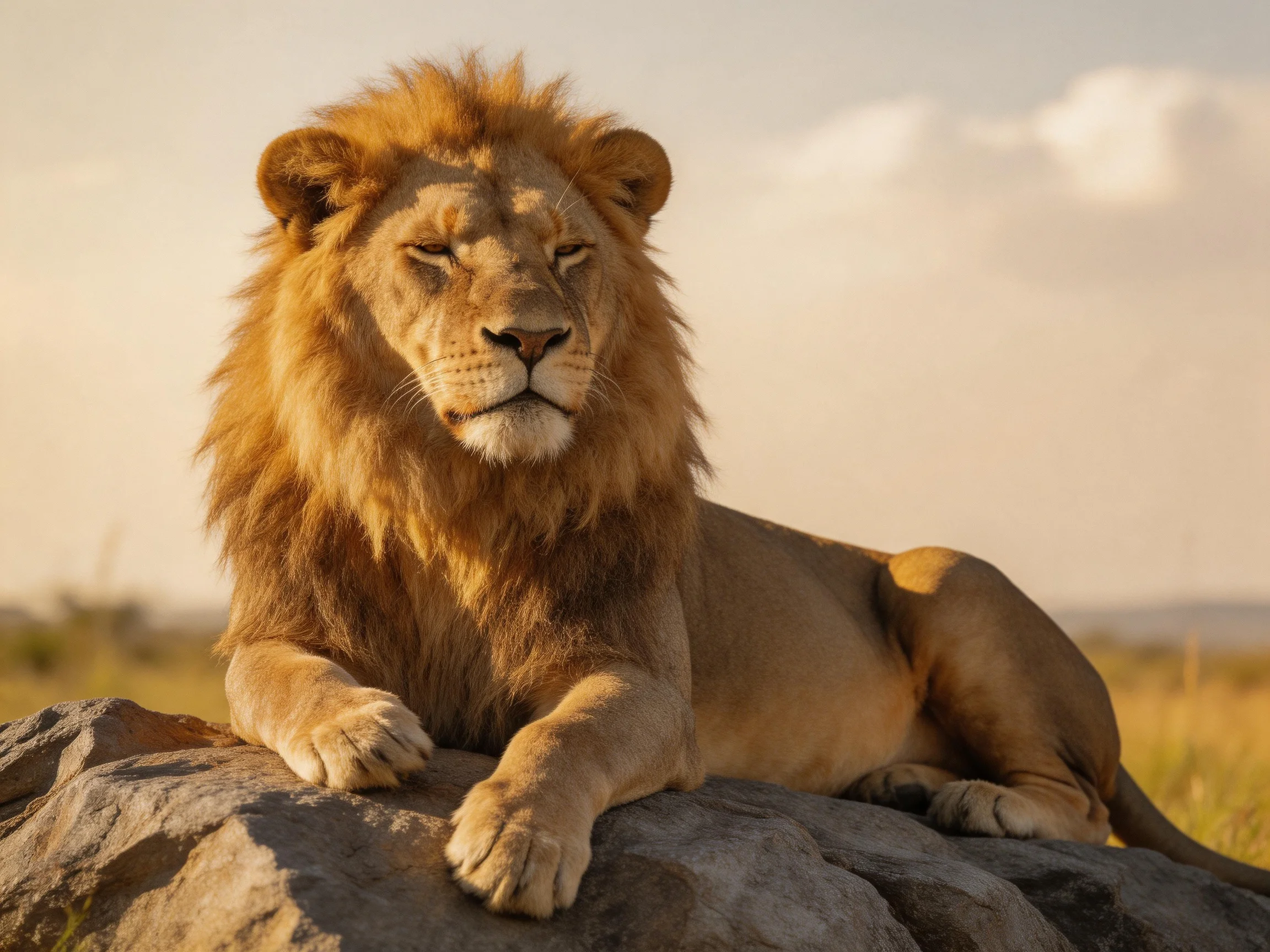 A male lion lies calmly atop a rock in a sunlit savannah landscape.