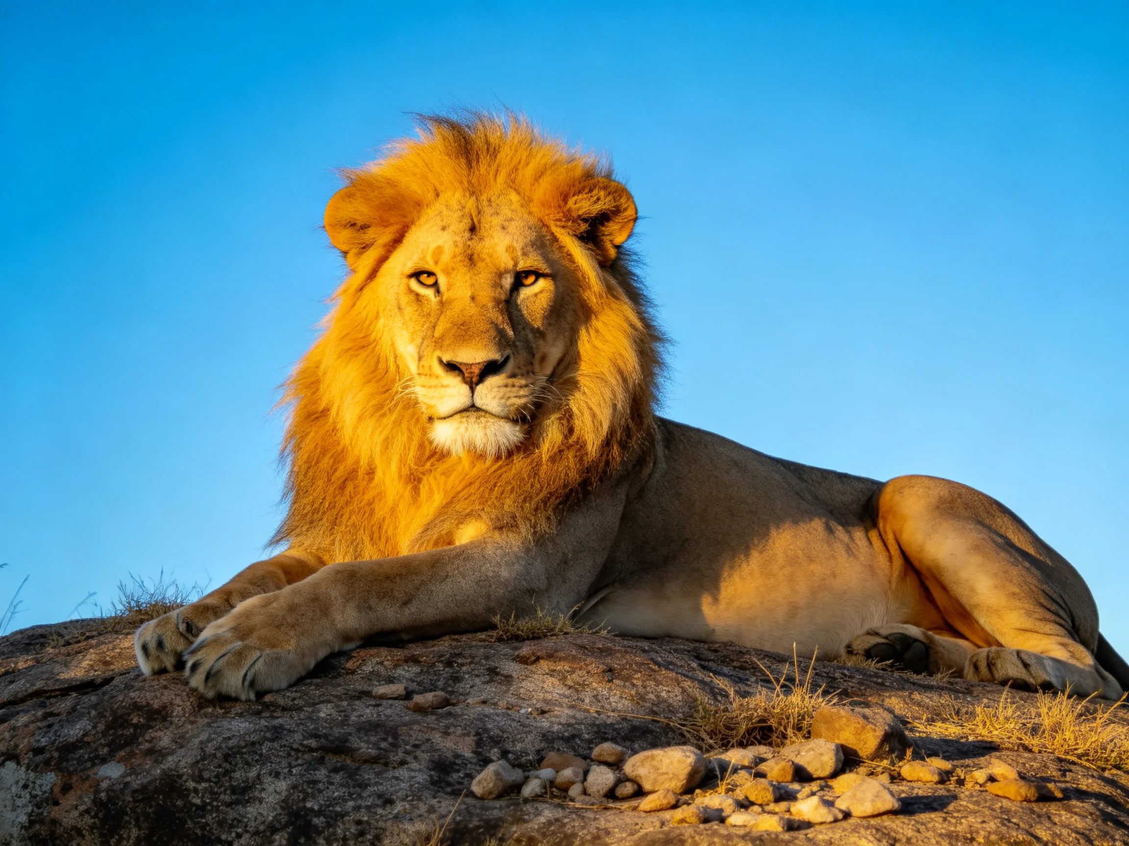 A majestic male lion lies on a rocky surface with a bright blue sky behind.