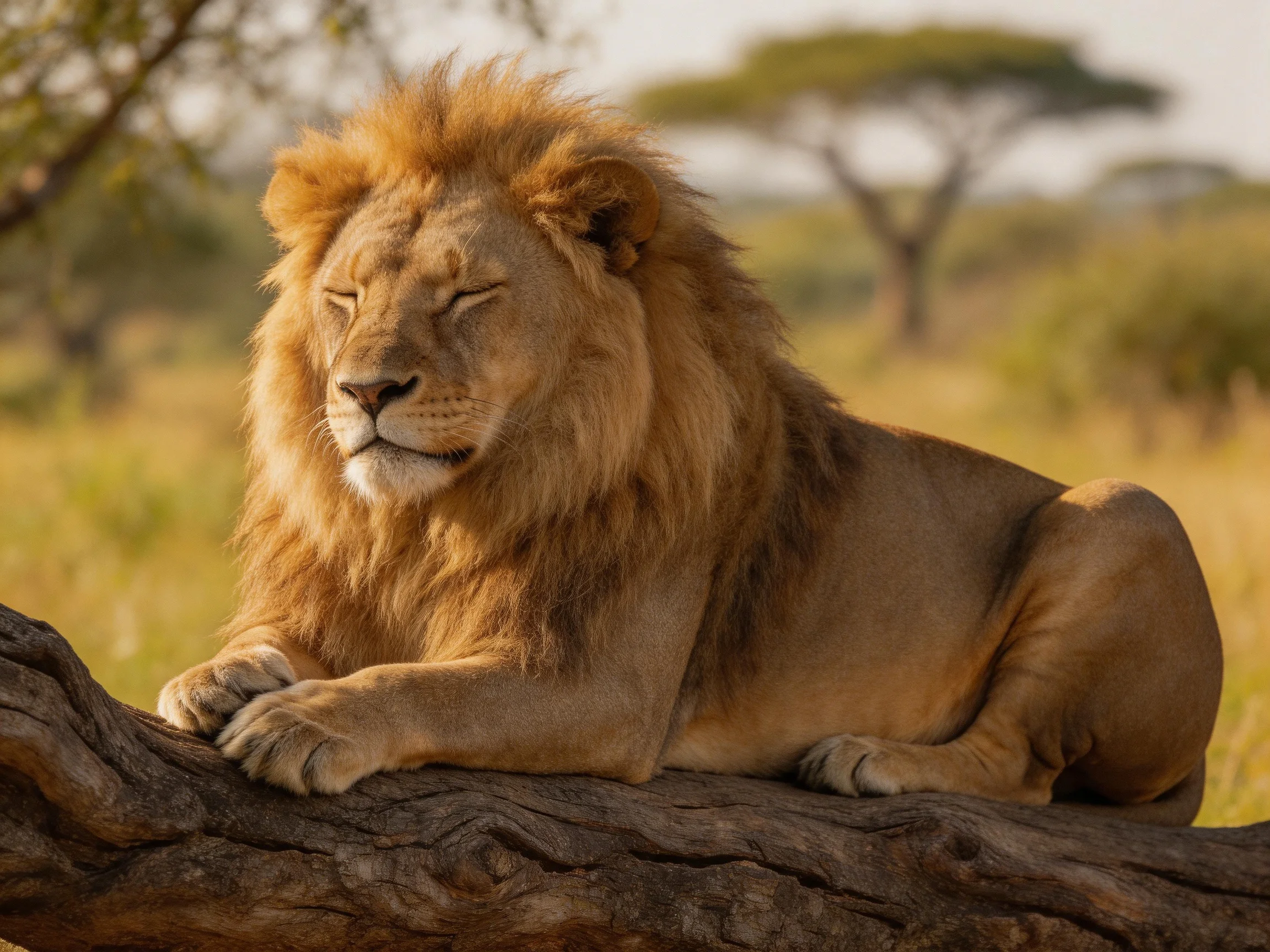 A male lion relaxes on a tree trunk in the savannah landscape.
