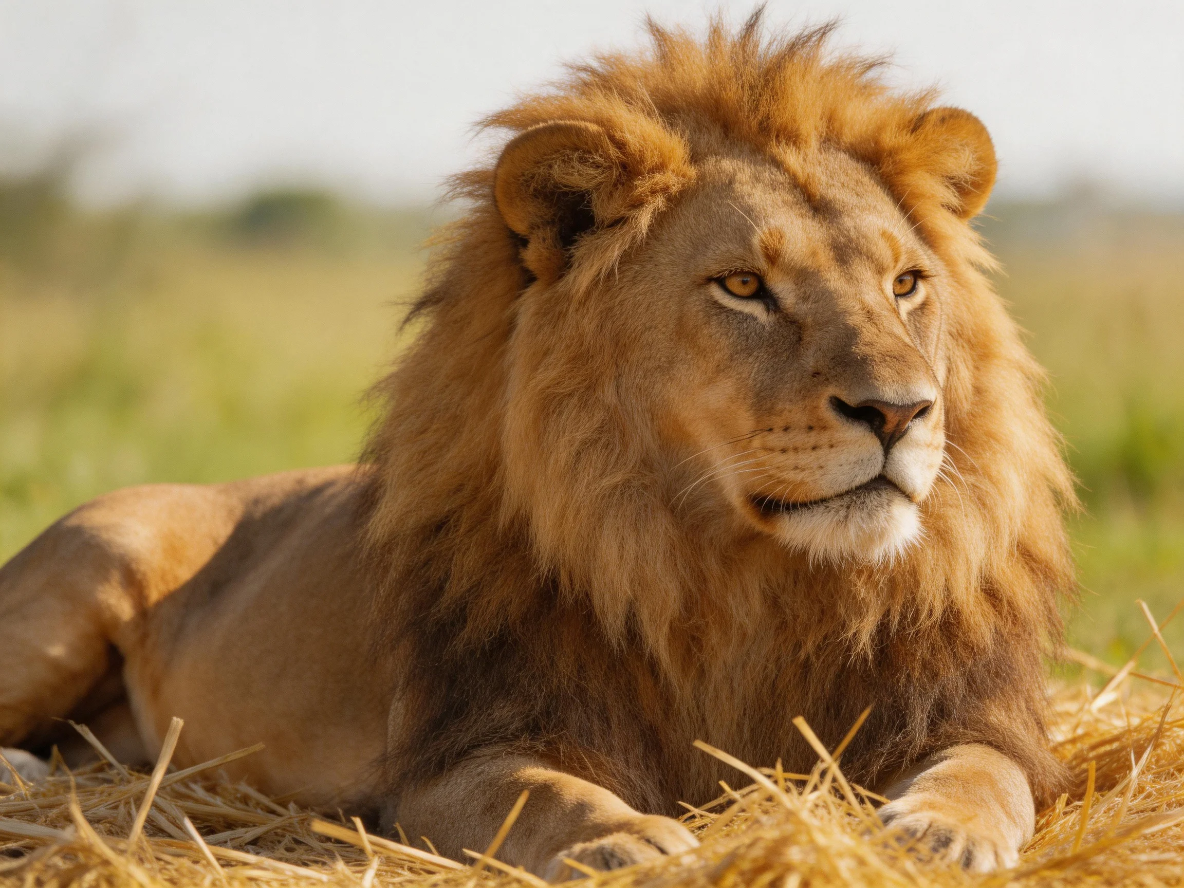 A majestic male lion lies on straw in a sunlit savannah setting.