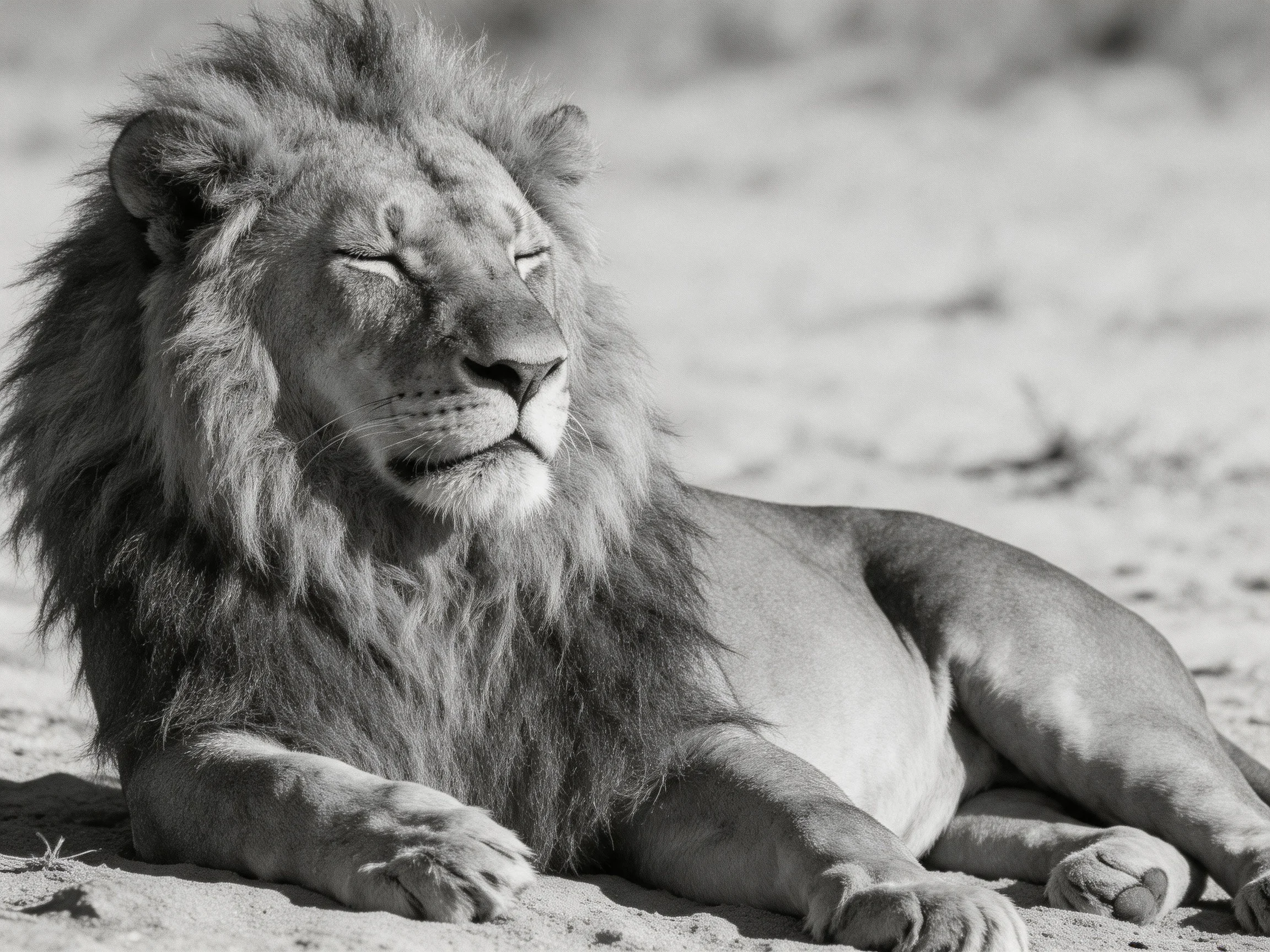 A majestic male lion relaxes on sun-drenched sandy ground.