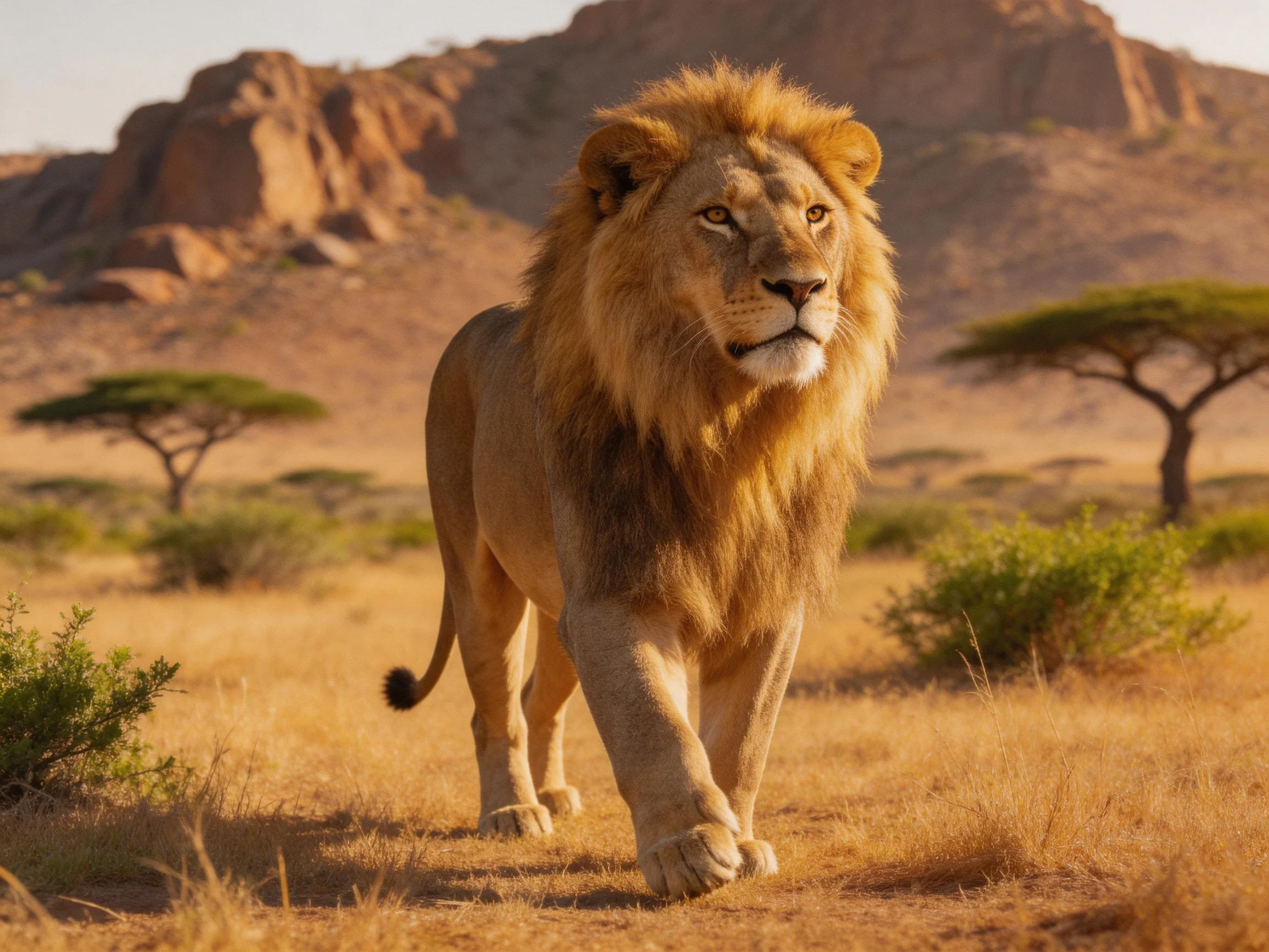 A majestic male lion walks through a sunlit savannah with rocky terrain and scattered trees.