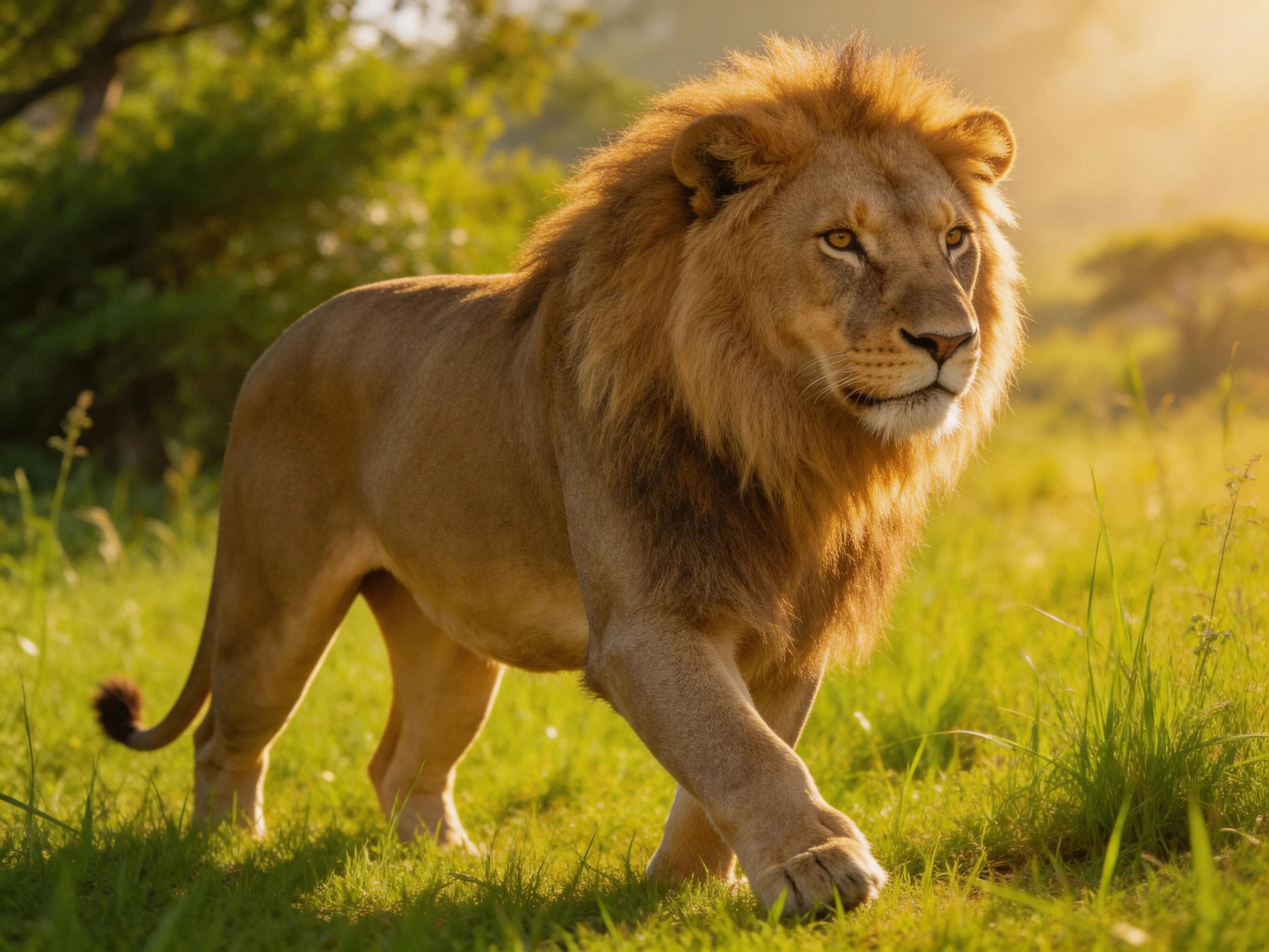 A male lion walks through a sunlit savannah landscape.