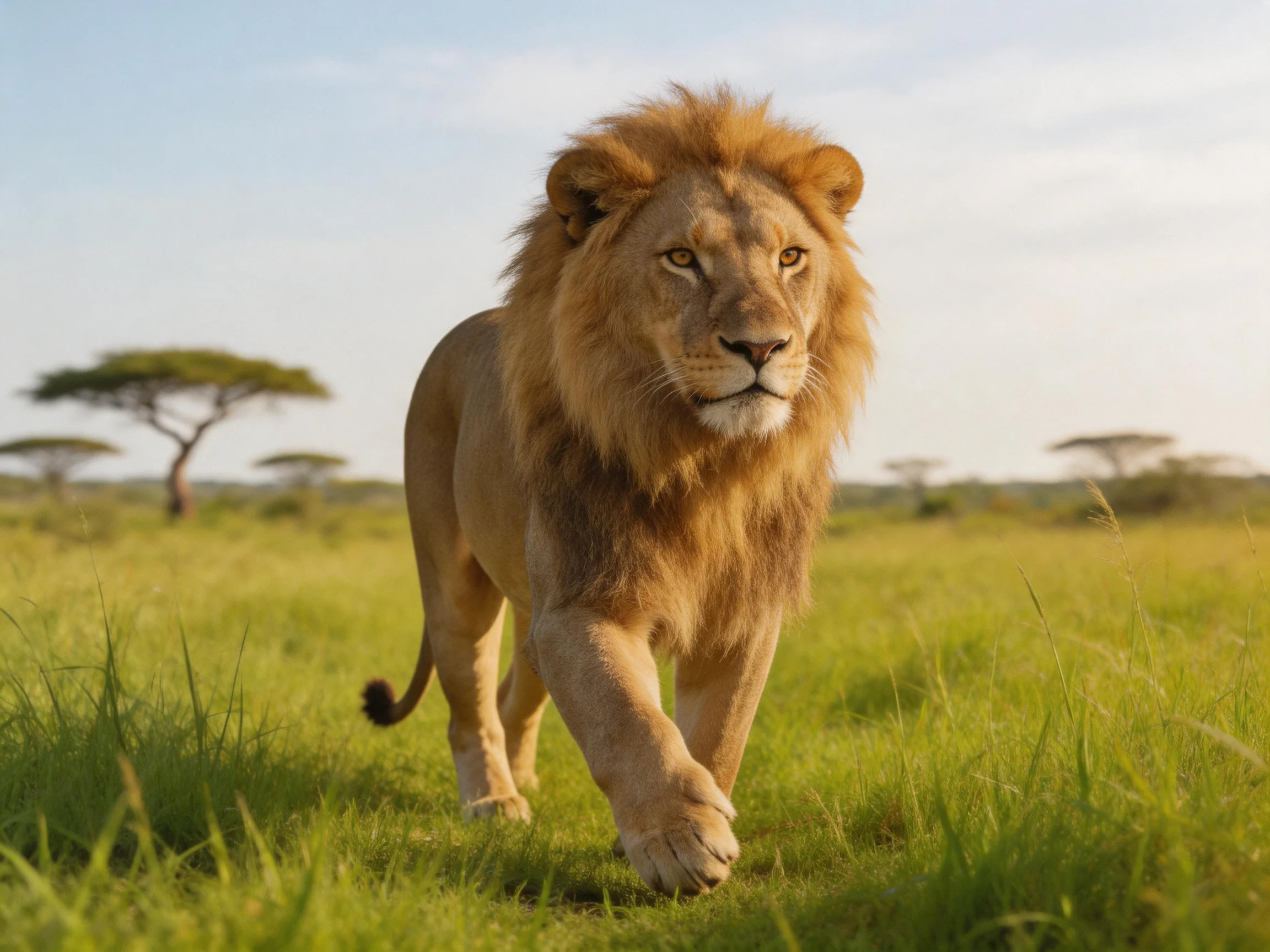 A majestic male lion confidently strides through sunlit savannah grass.