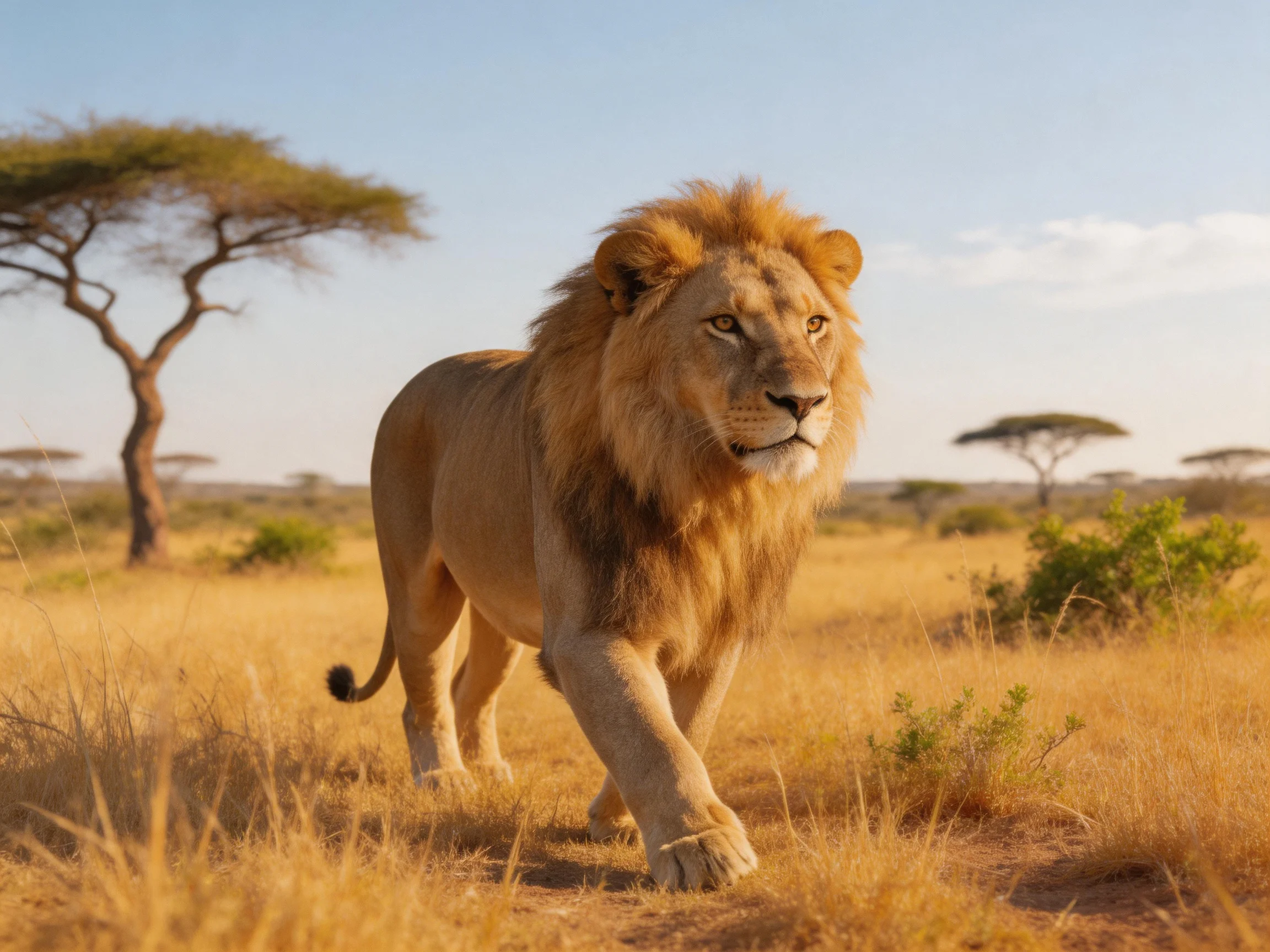 A majestic male lion roams golden savannah with scattered acacia trees.