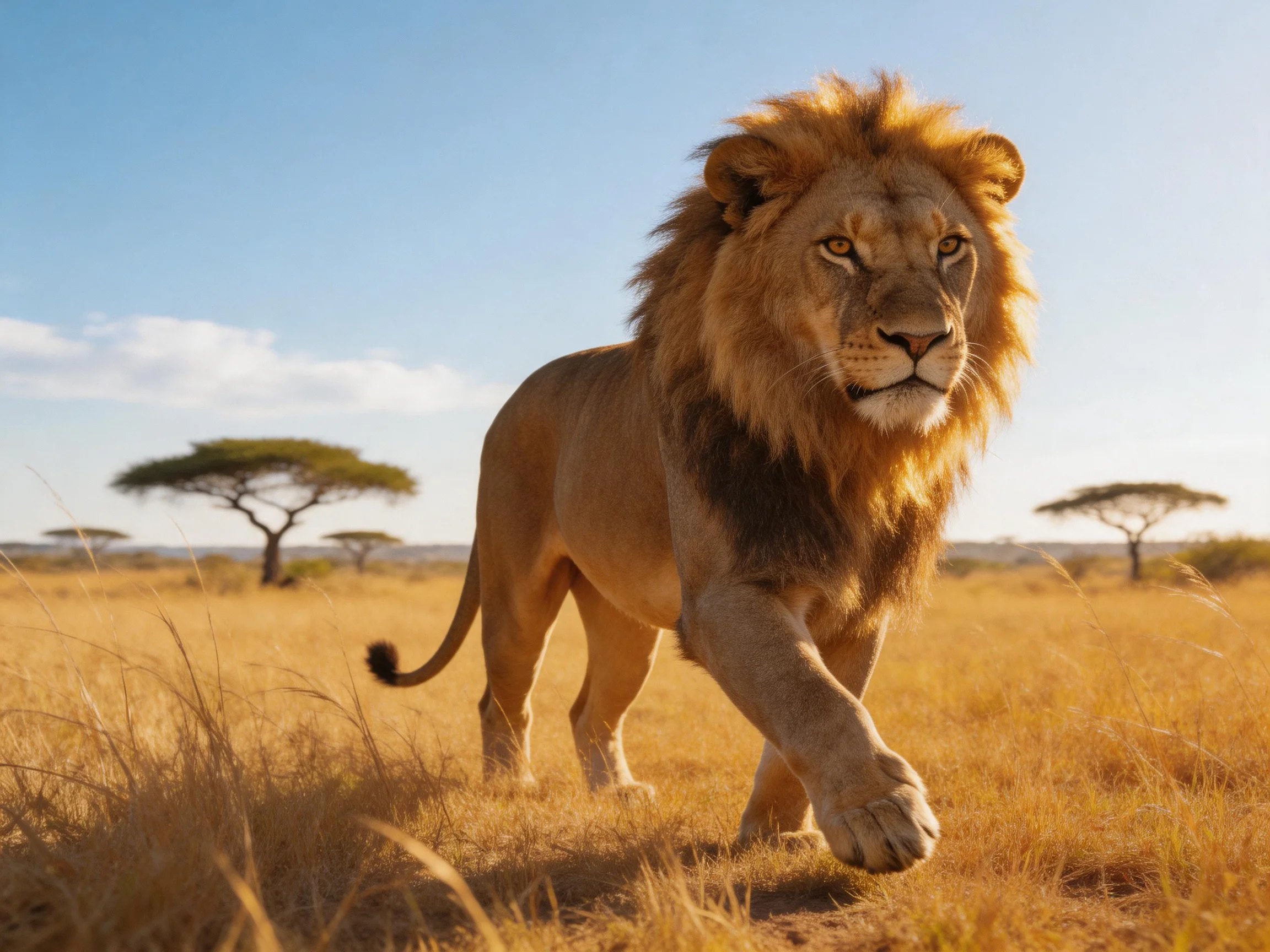 A majestic male lion walks through golden savannah near scattered acacia trees.