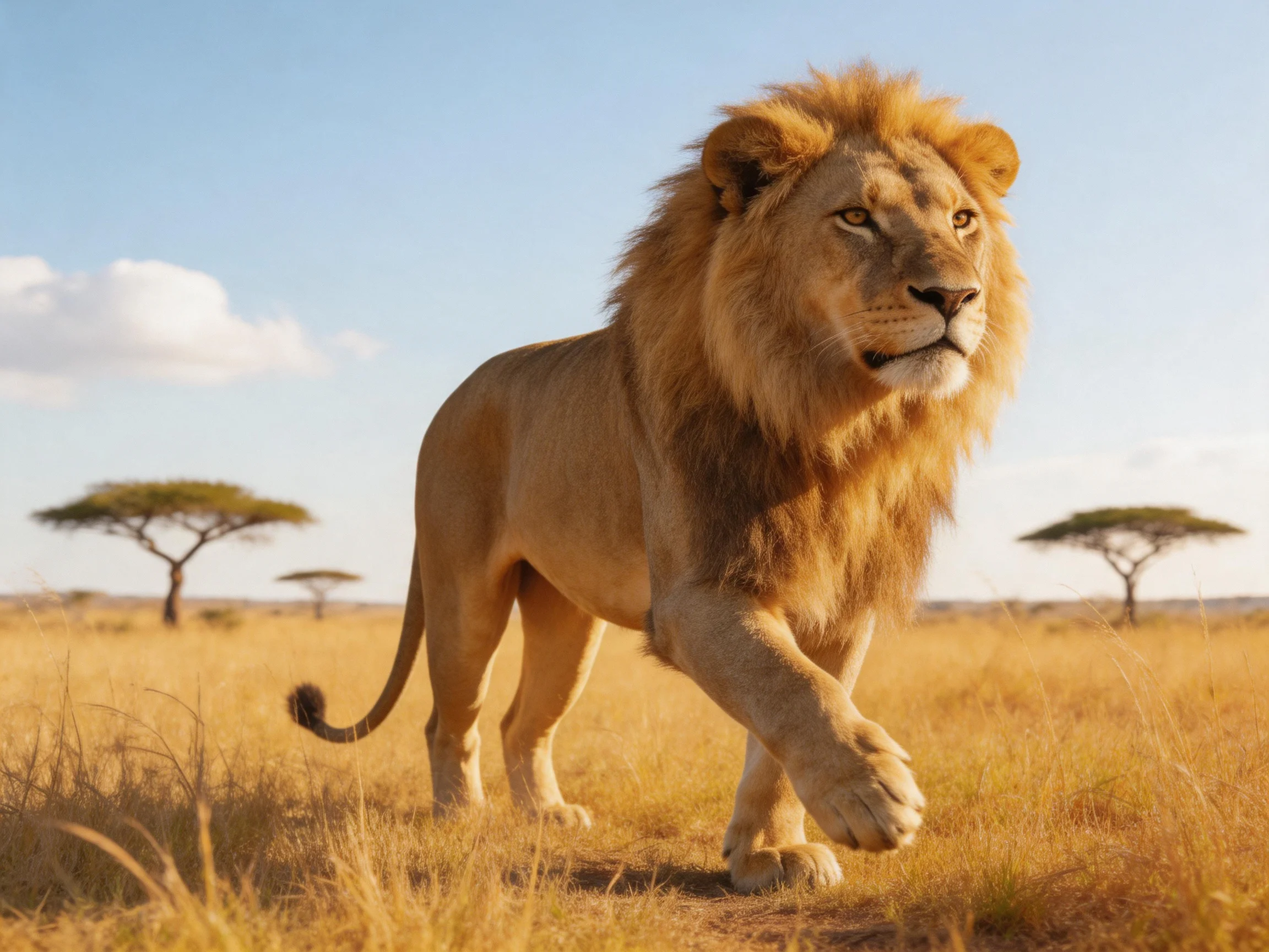 A majestic male lion walks through a sunlit savannah with scattered acacia trees.
