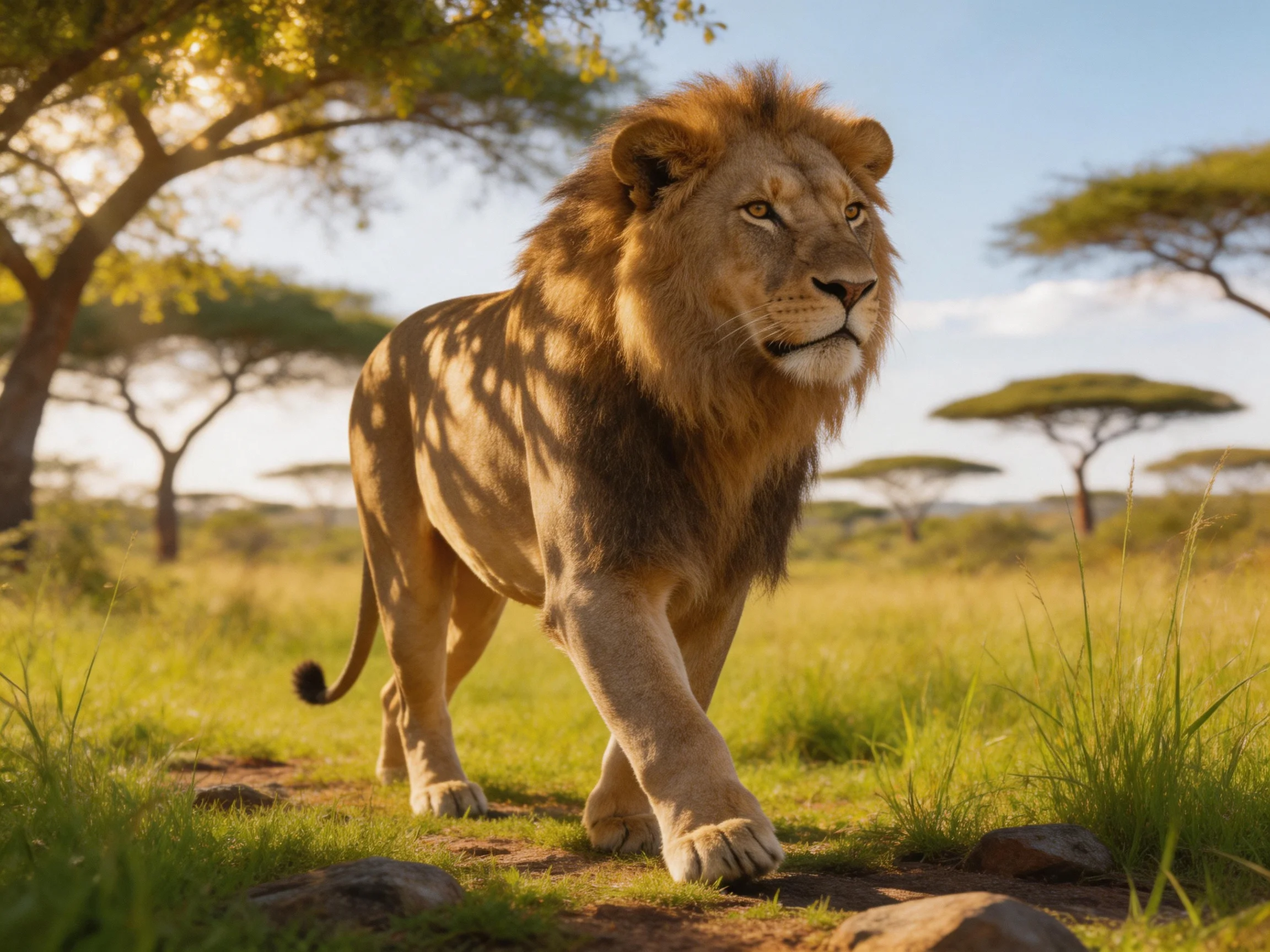 A majestic male lion roams the sunlit savannah