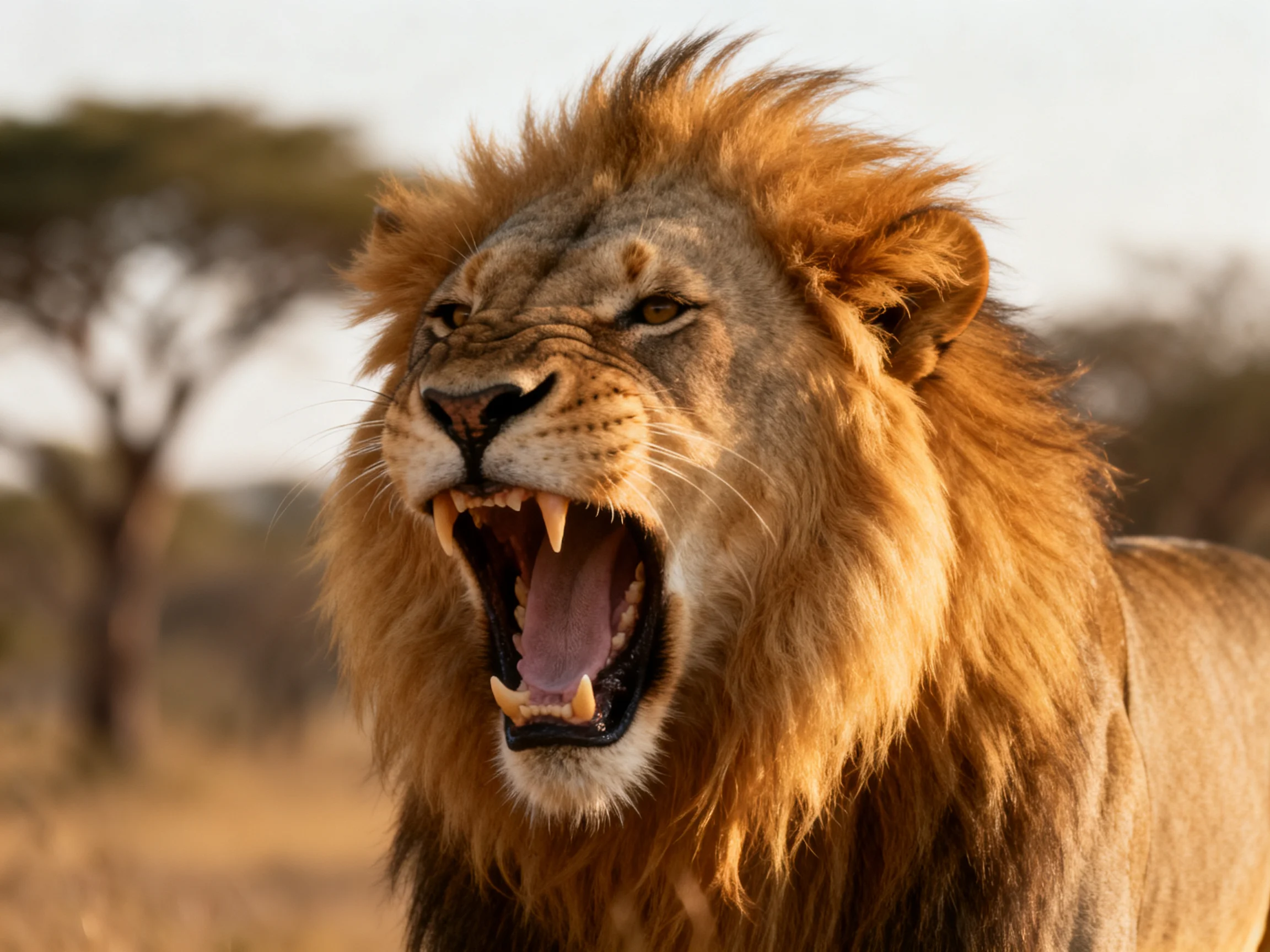 A majestic male lion roaring in an African savannah