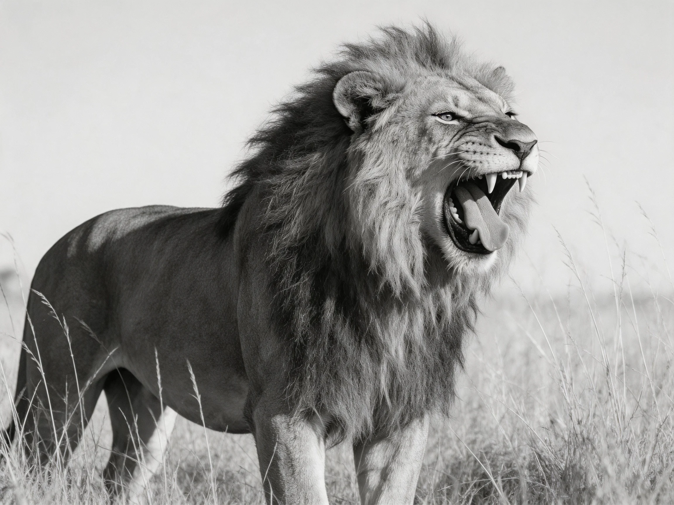 A majestic male lion roaring in an open savannah landscape