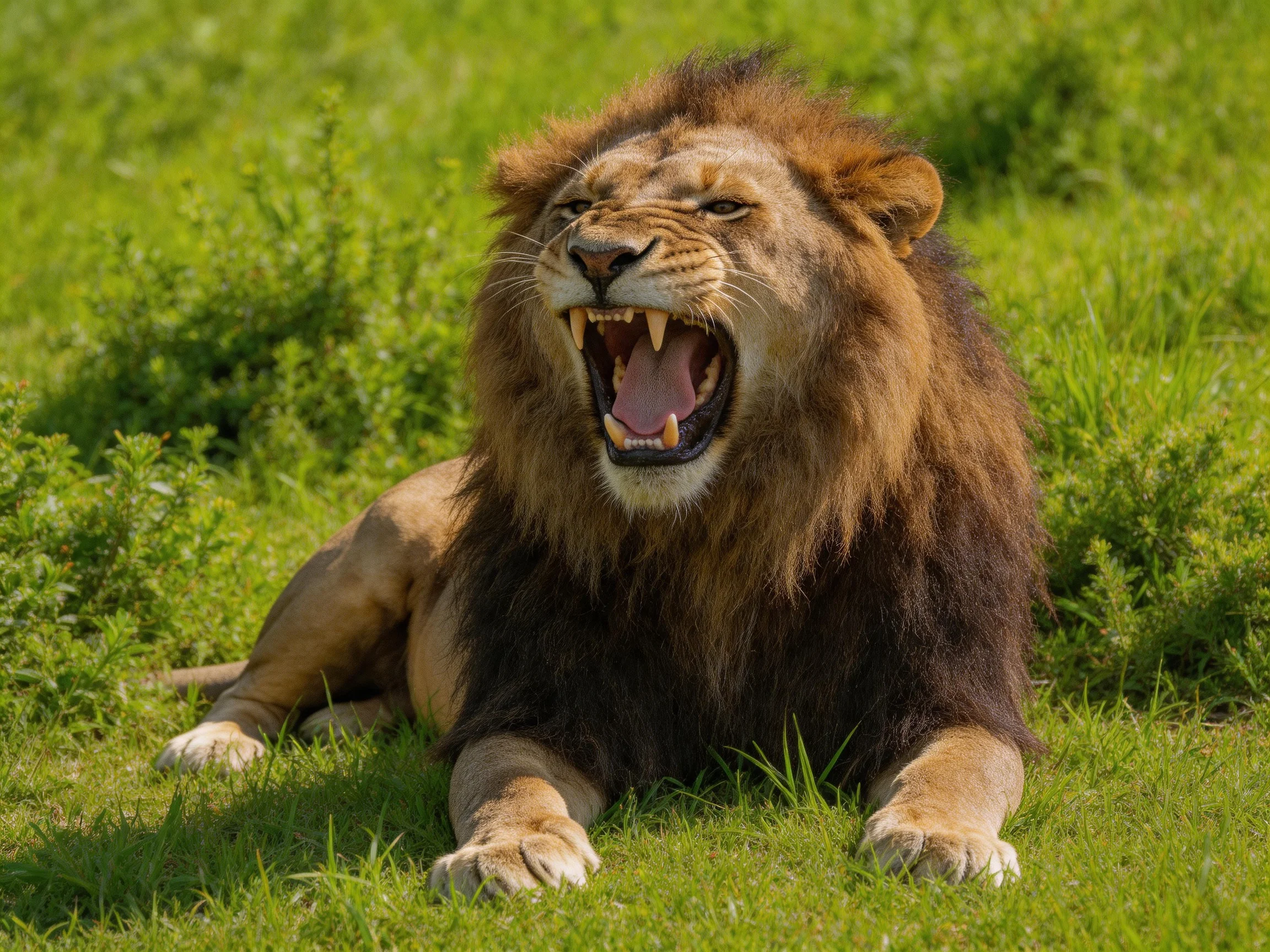 A majestic male lion roars while resting on vibrant green grass.