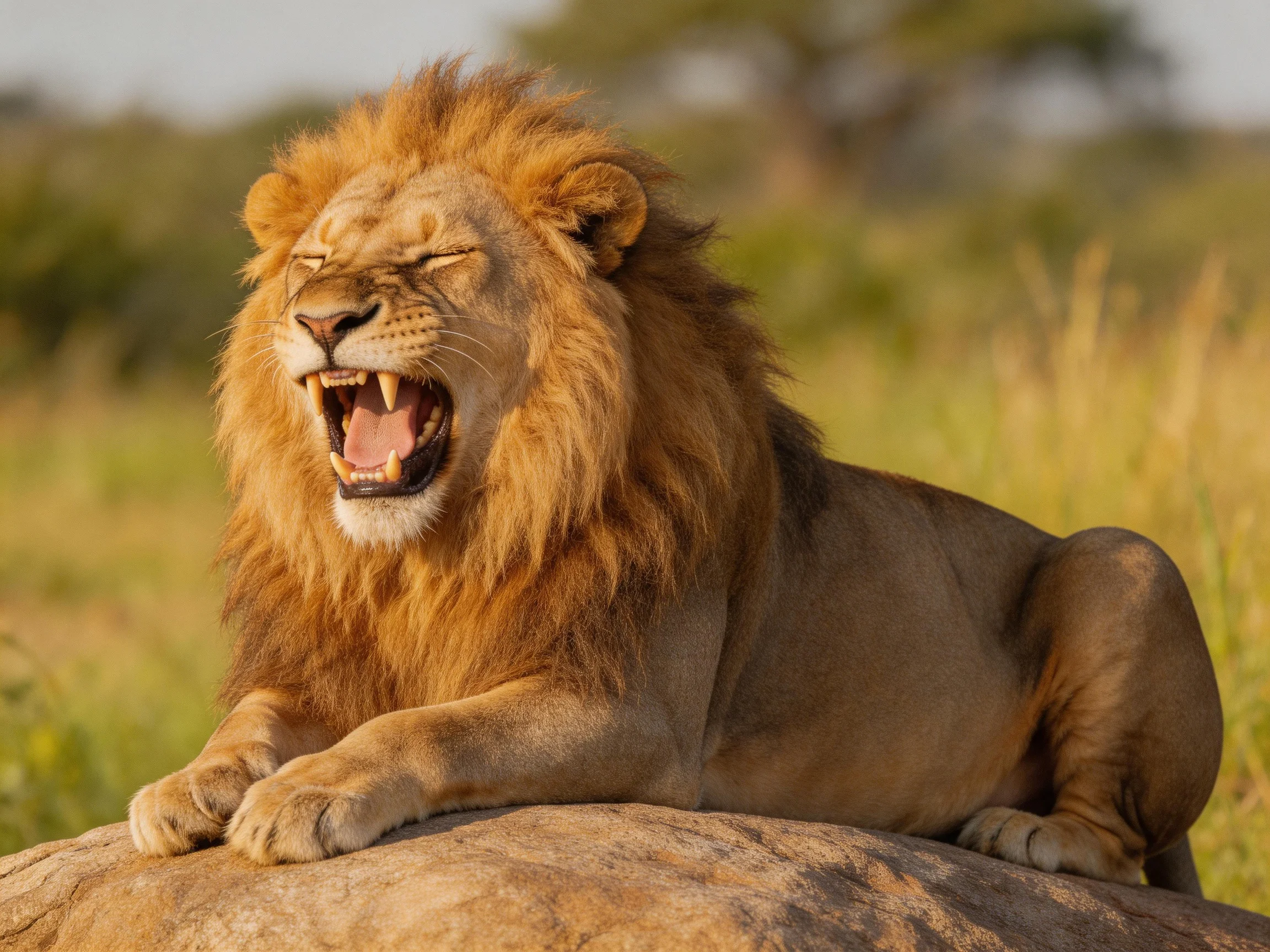 A majestic male lion roars on a sunlit rock in the savannah