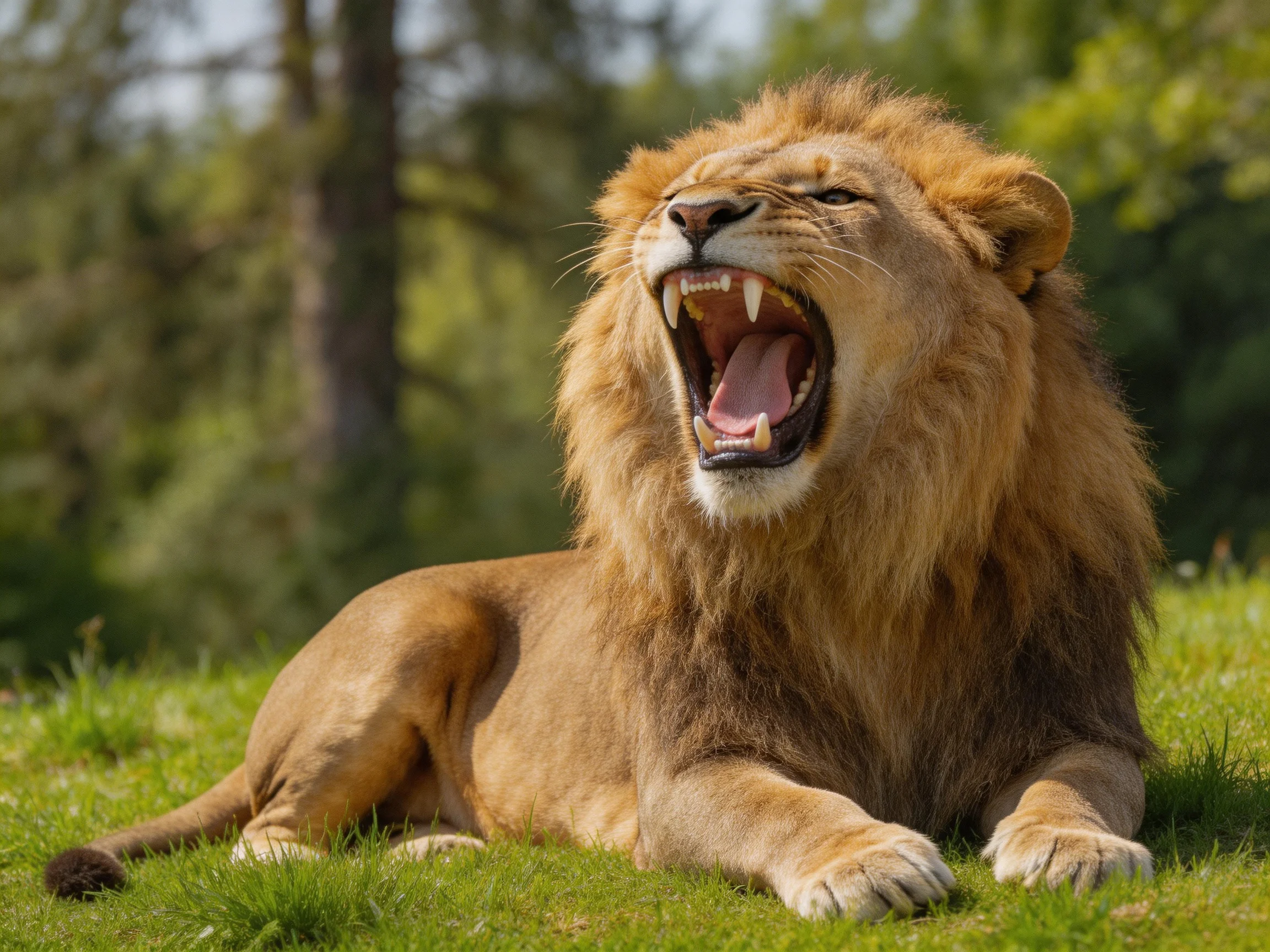 A majestic male lion roars on lush green grass with forest backdrop