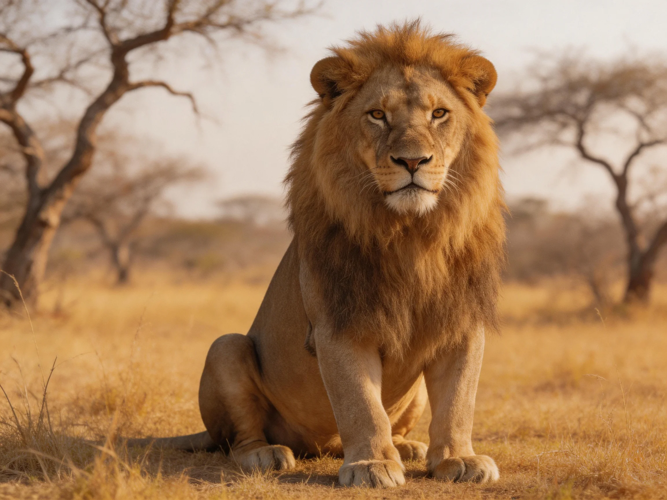 A majestic male lion sits calmly in the savannahlandscape.