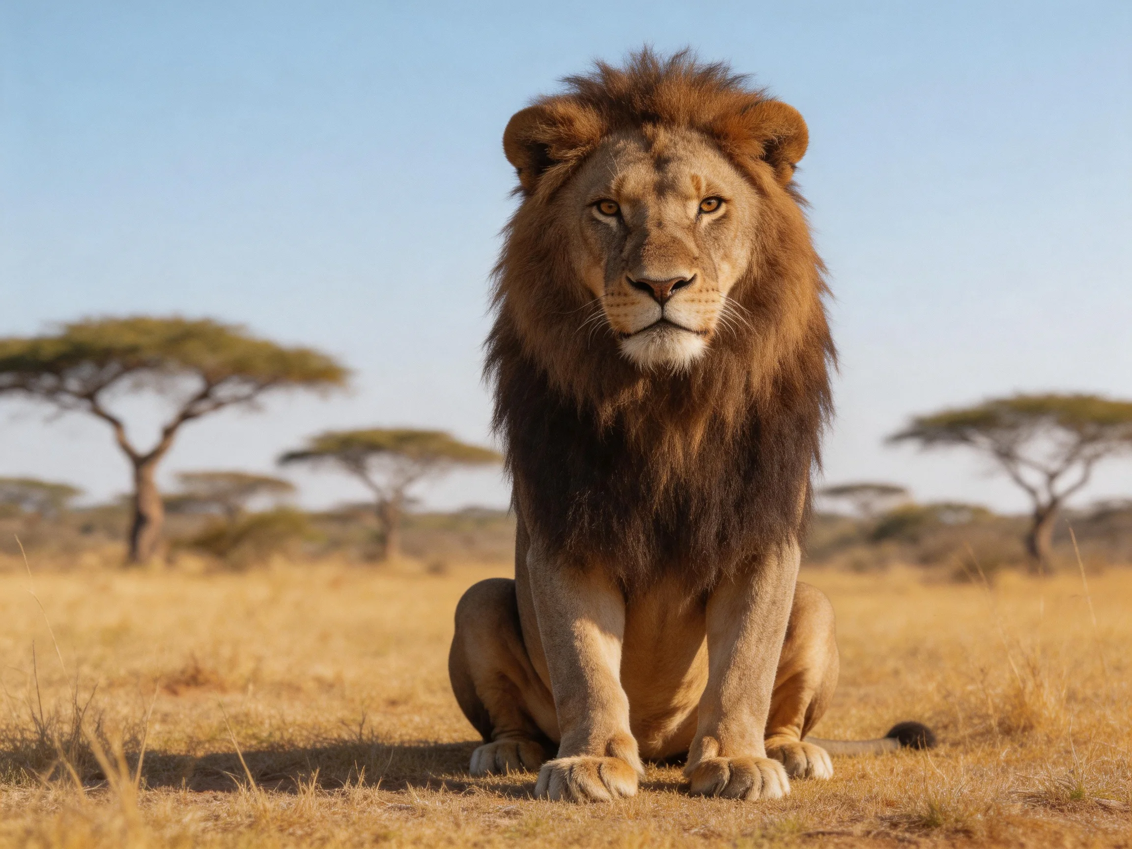 A male lion sits calmly in the golden savannah landscape.
