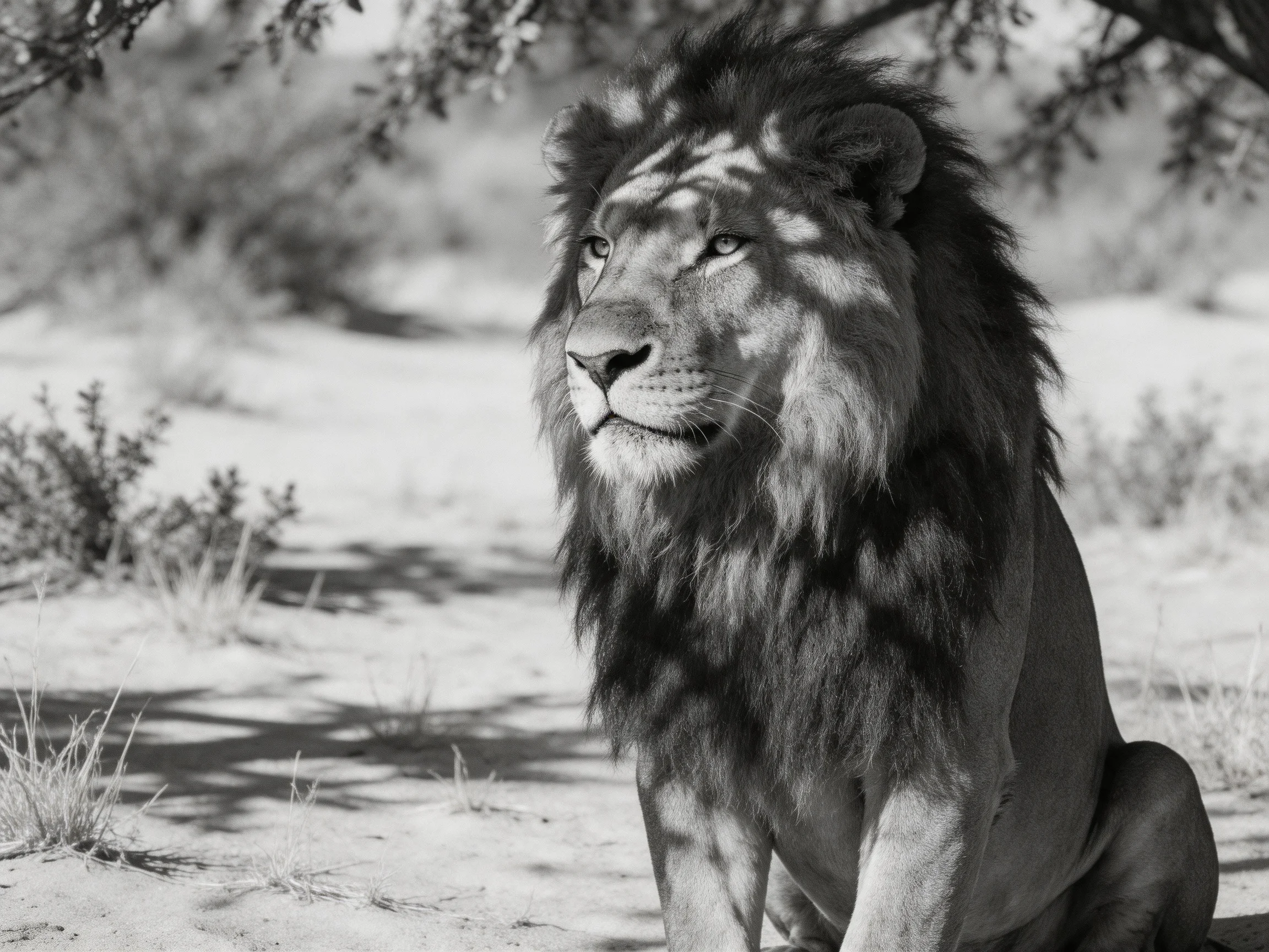 A majestic male lion sits calmly in a sunlit savannah landscape.