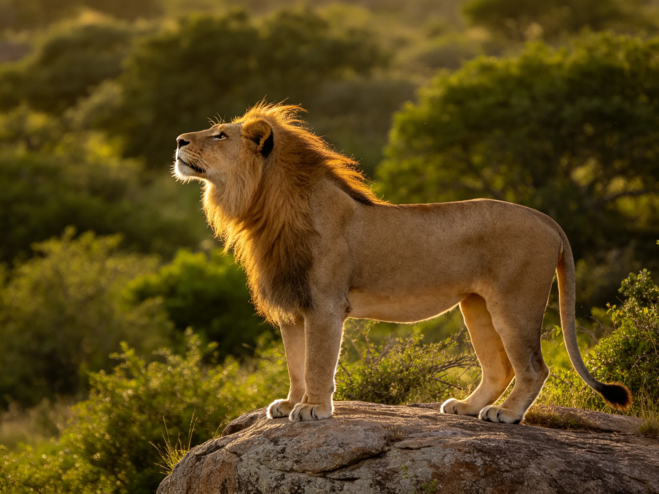 A male lion stands on a rock surveying the verdant landscape