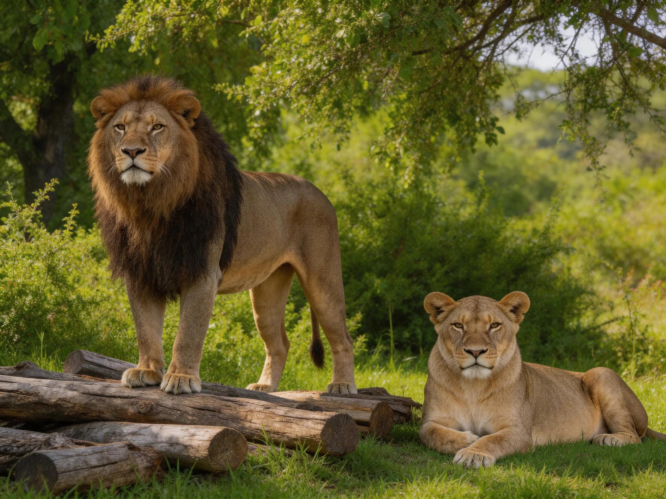A male lion stands on logs while a lioness rests nearby in a lush environment.