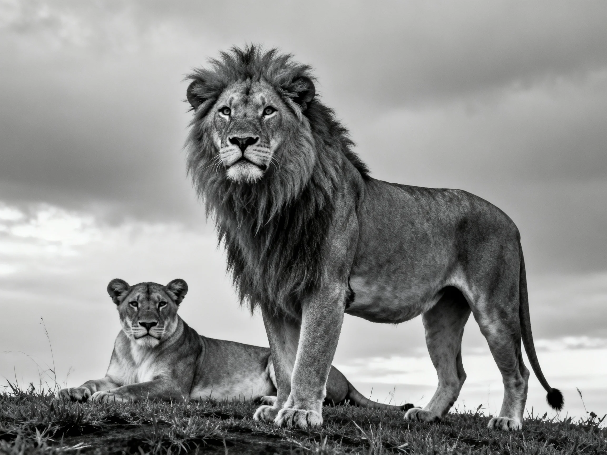 A male lion stands next to a resting lioness against a cloudy sky backdrop.