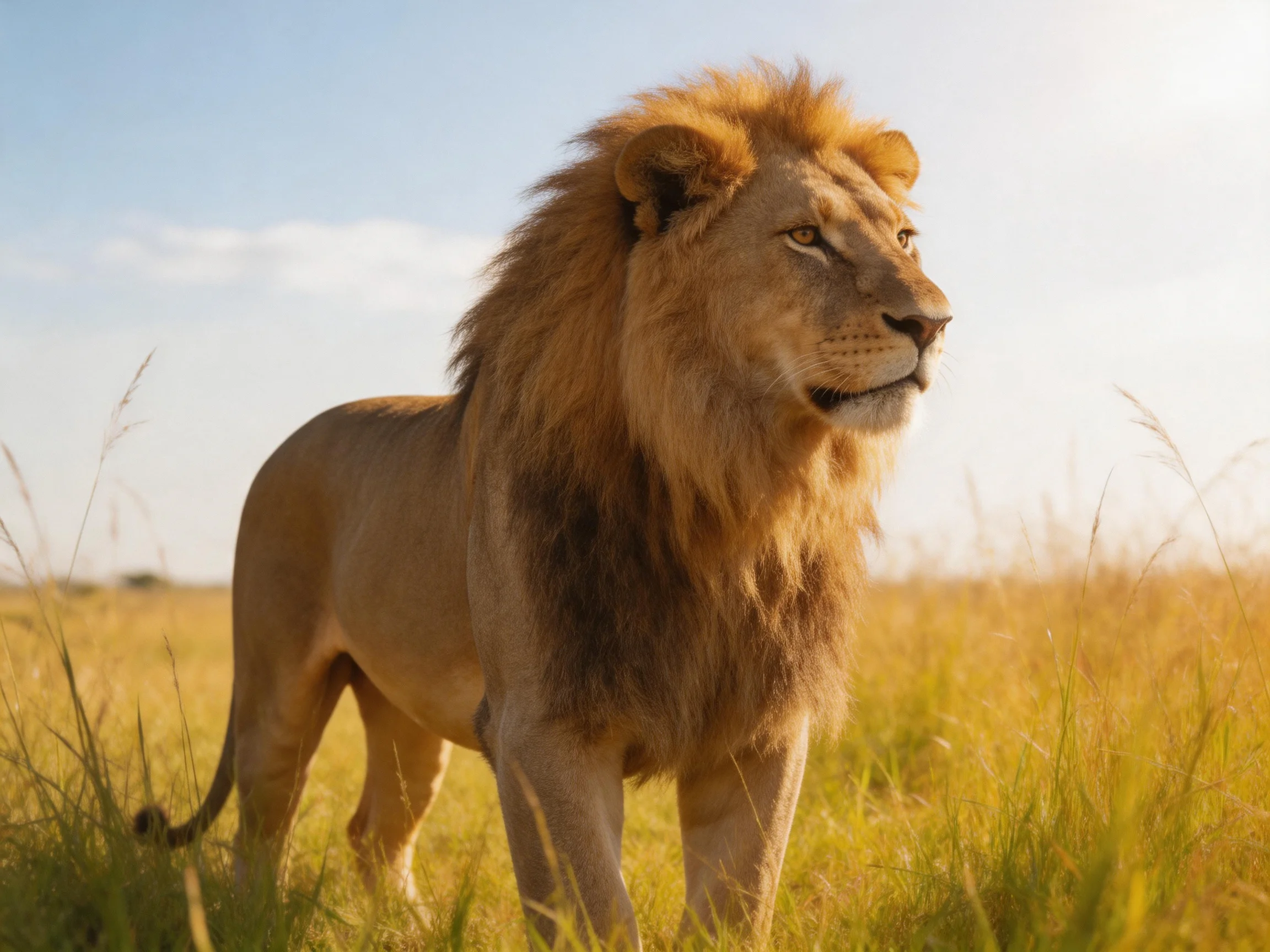 A majestic male lion stands alert in sunlit savannah grass.