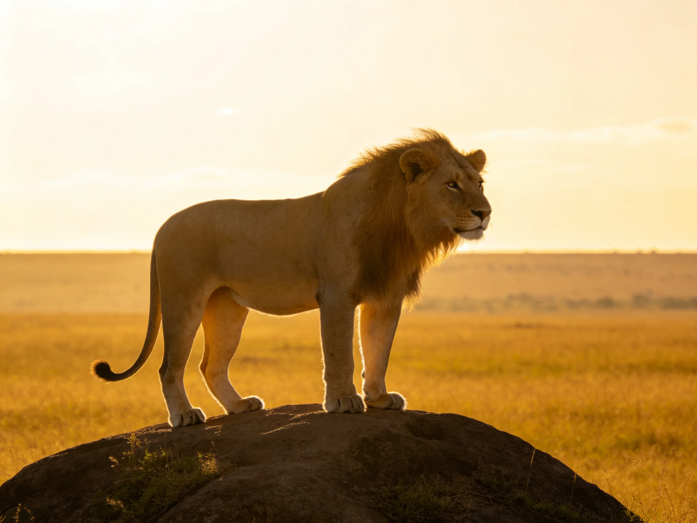 A male lion surveys the savannah from a rocky outcrop