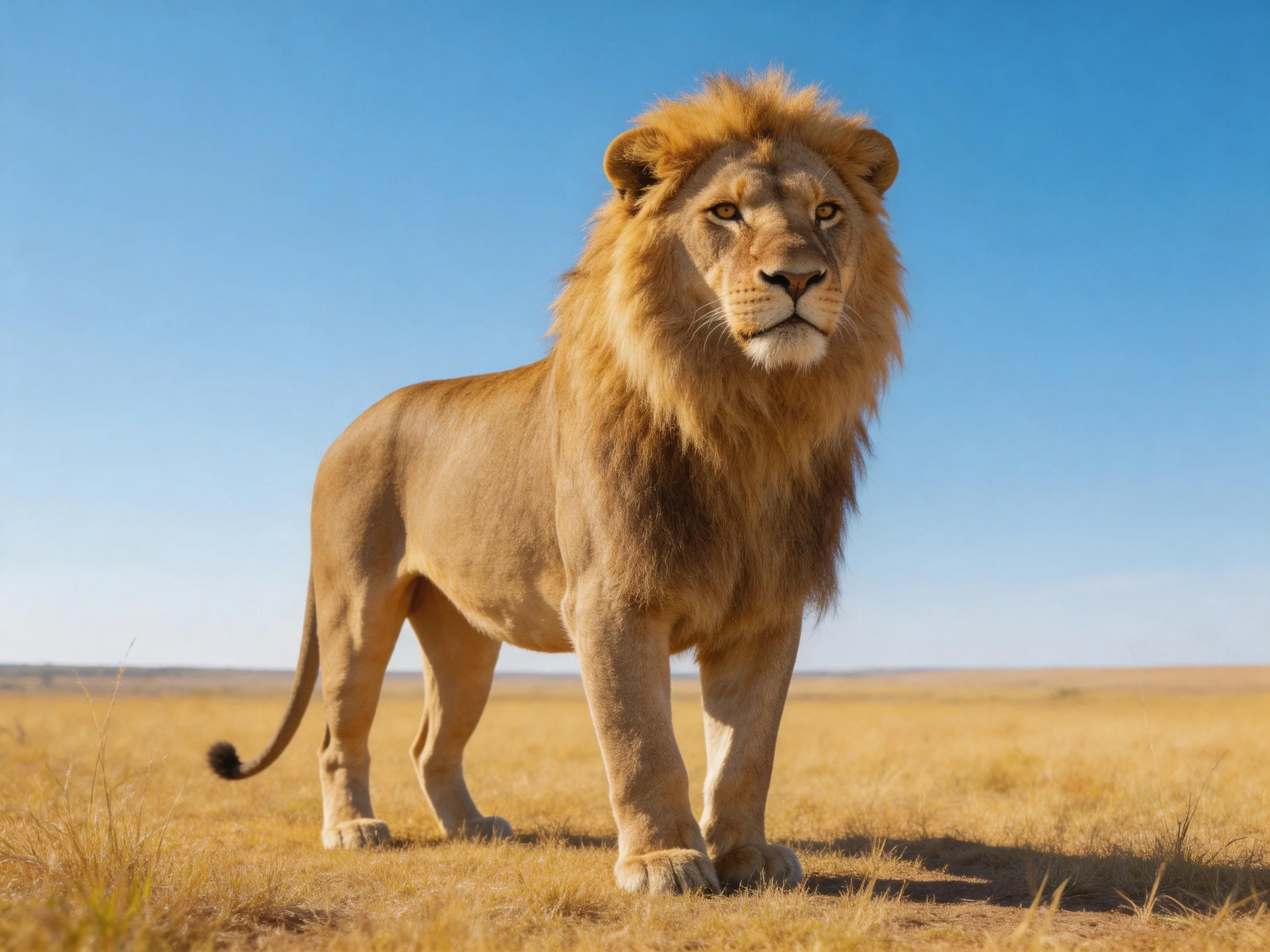 A majestic male lion stands alone on the open savannah beneath a cloudless blue sky.