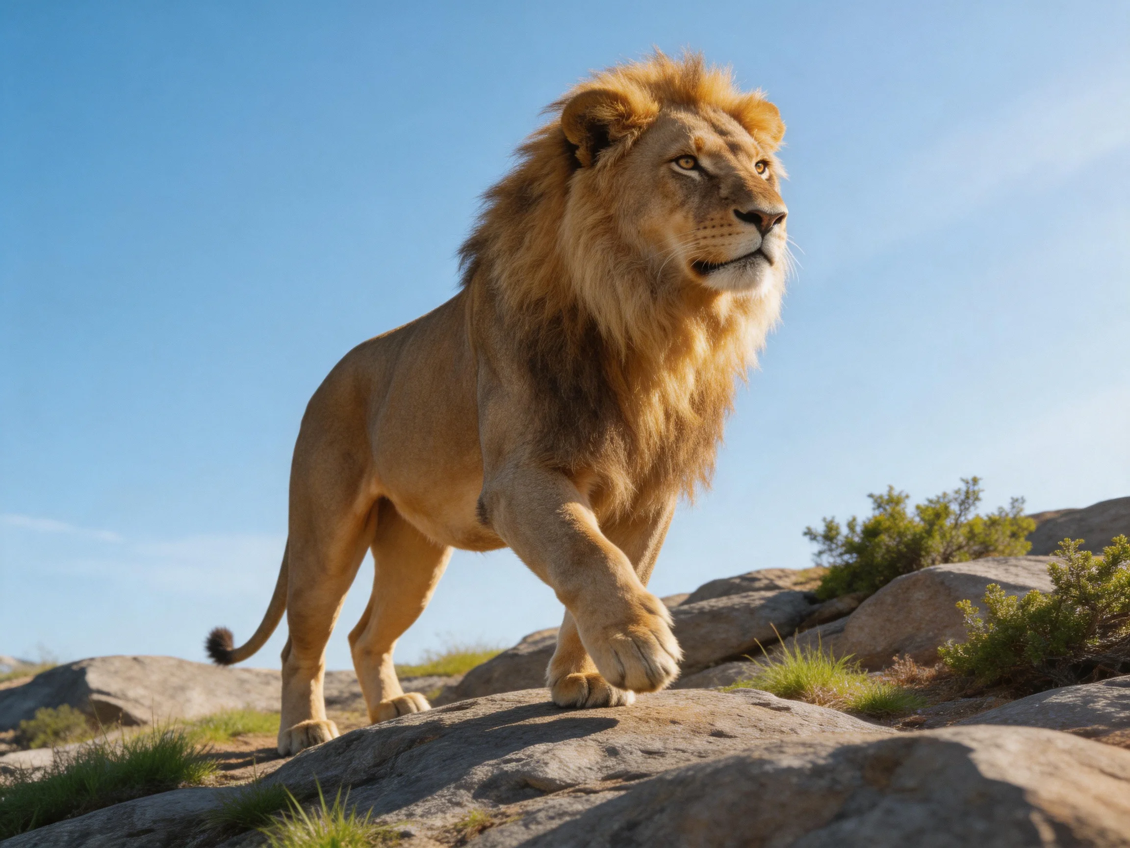 A majestic male lion walks confidently over rocks in an open landscape.
