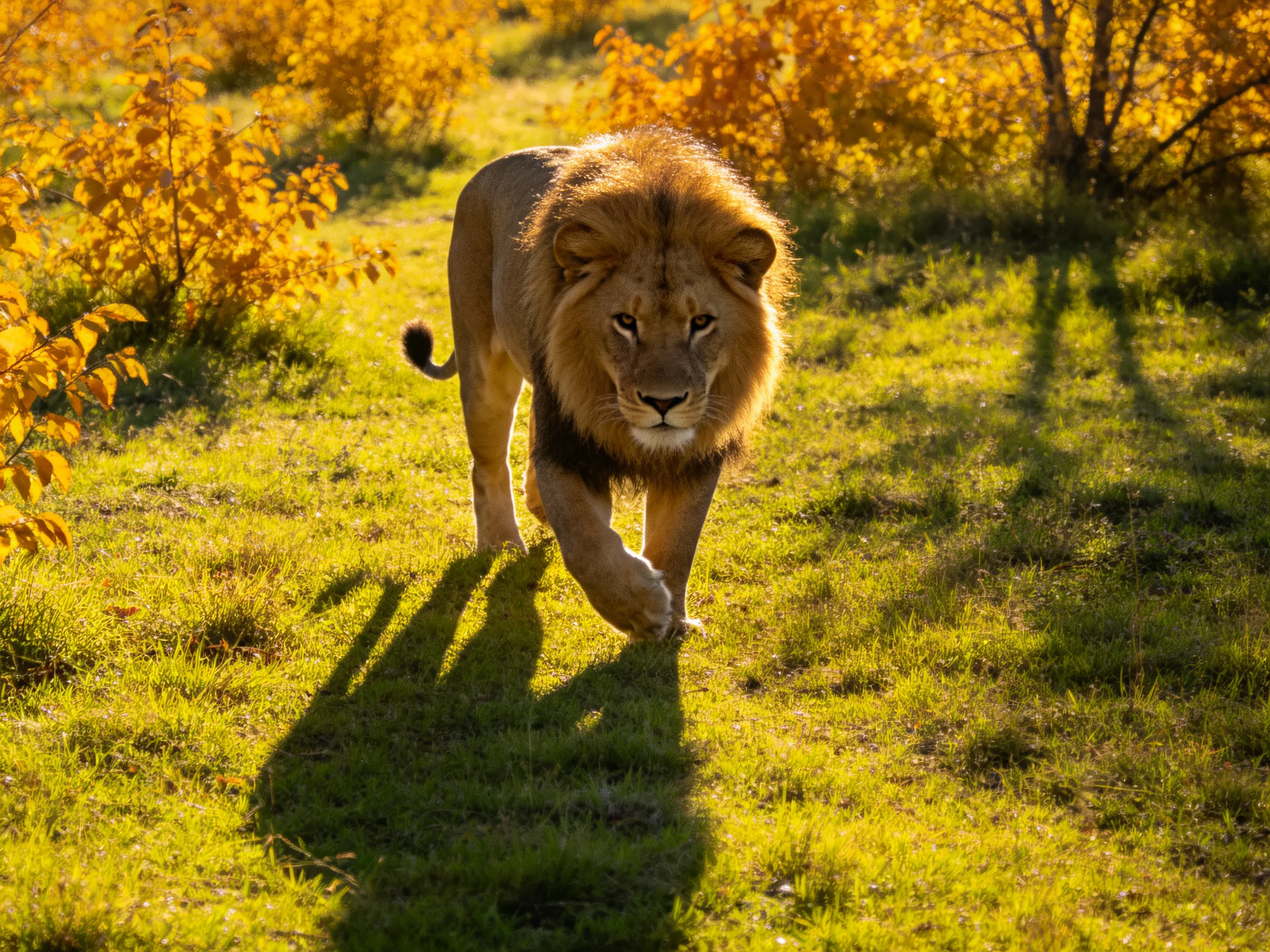 A male lion walks on sunlit grass near golden bushes