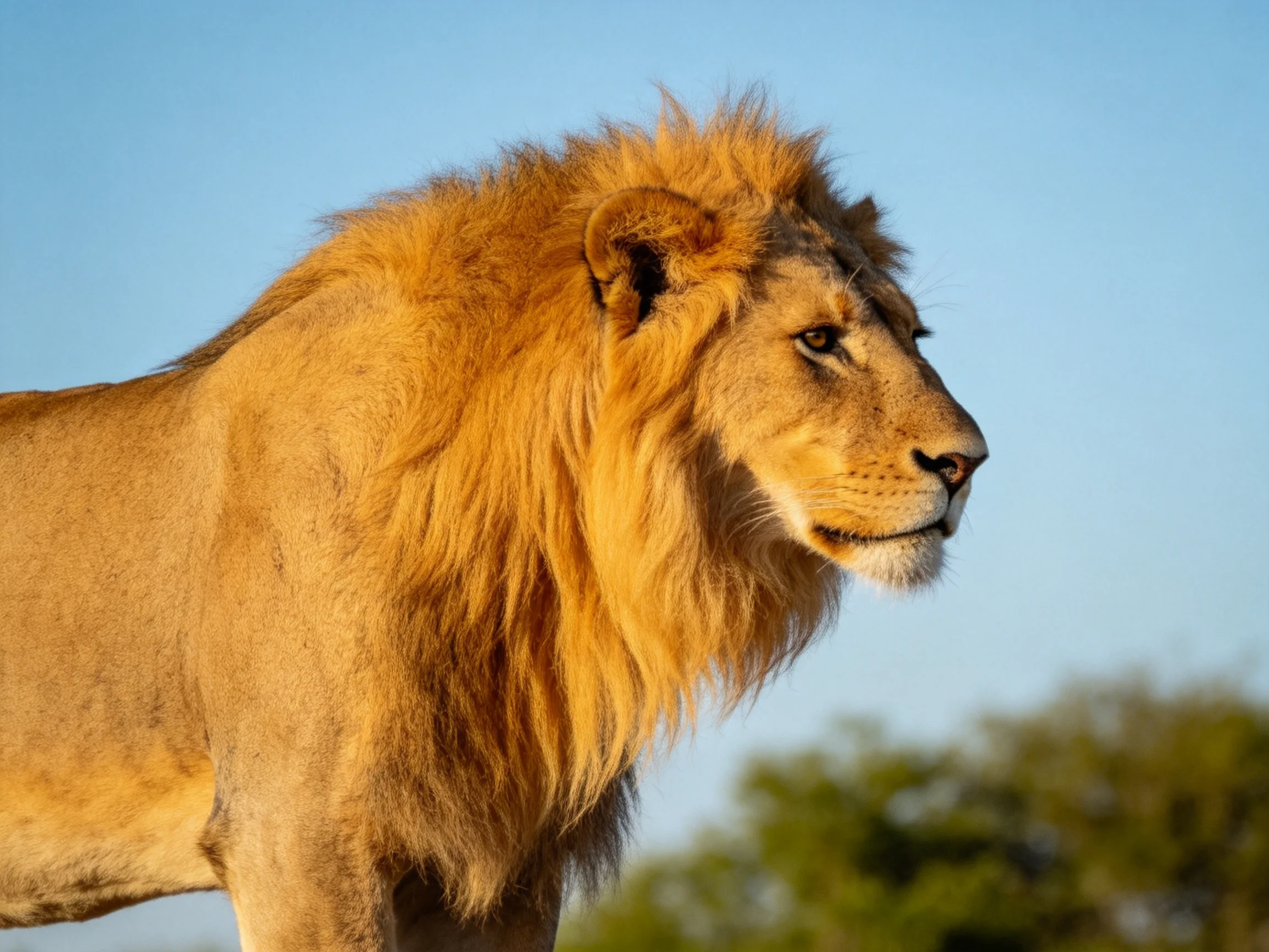 A majestic male lion stands under clear blue sky with a thick mane.