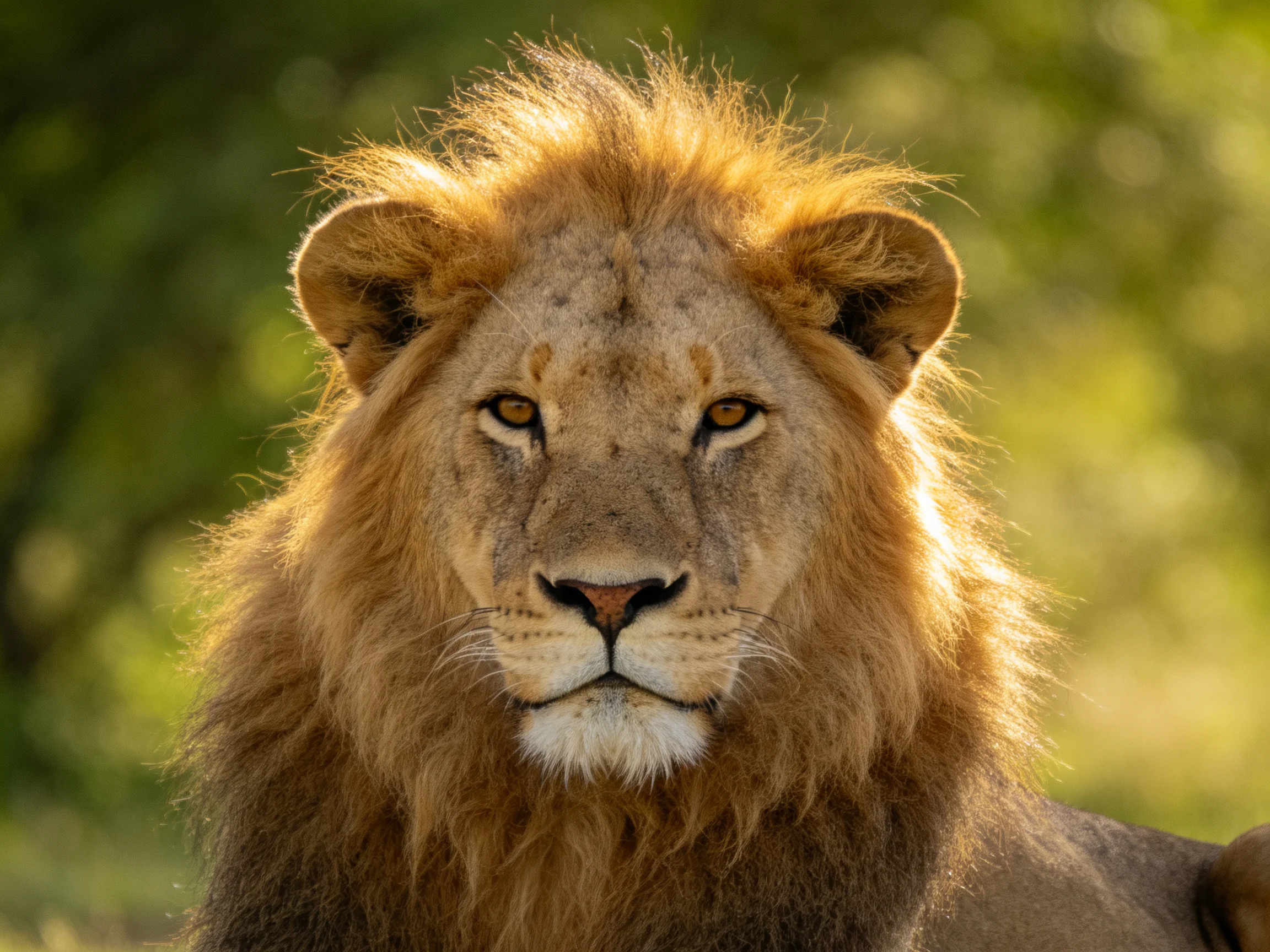 Close-up view of a majestic male lion with golden mane in a sunlit setting.