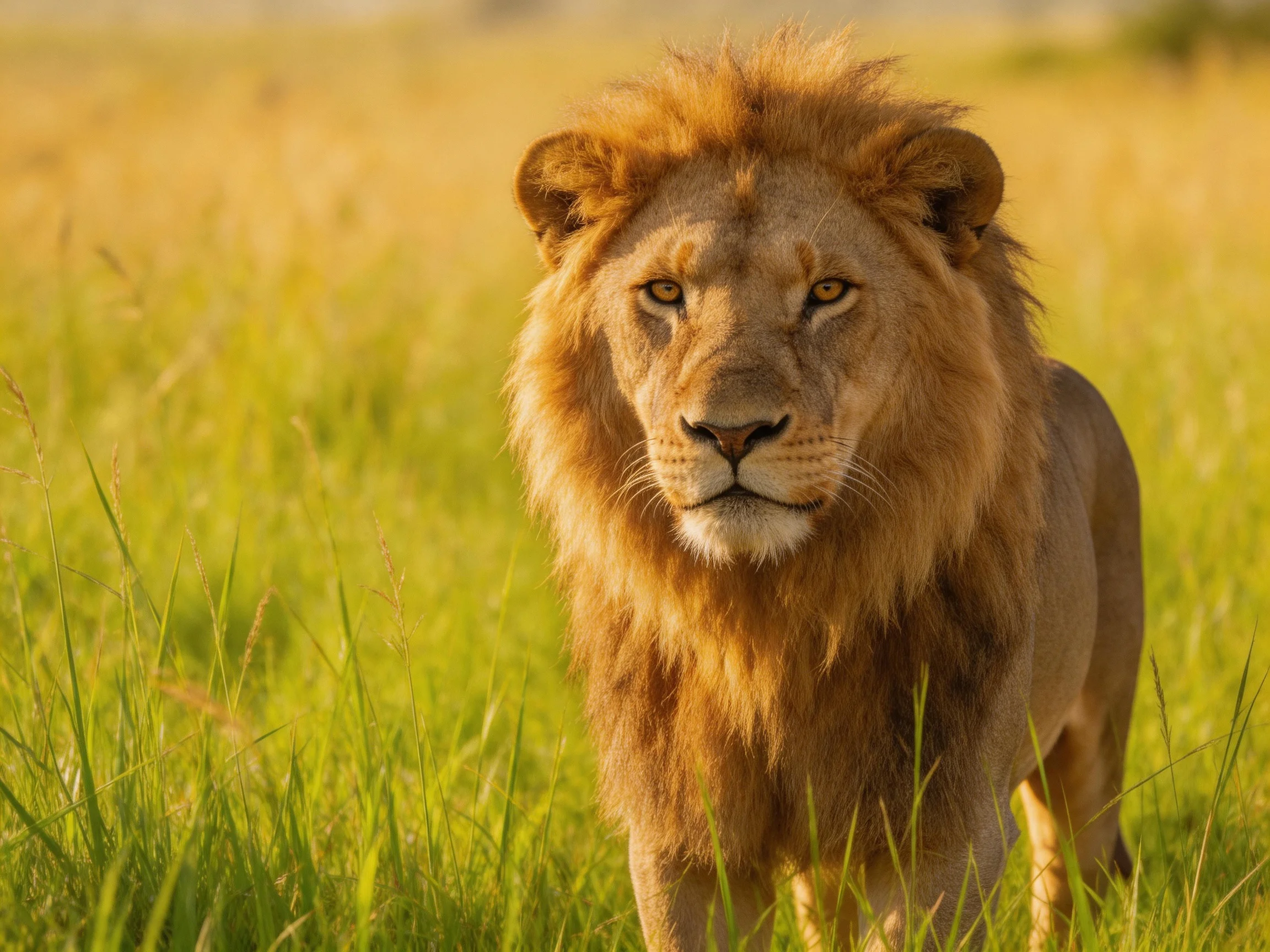 A majestic male lion stands amid tall, golden savannah grasses.