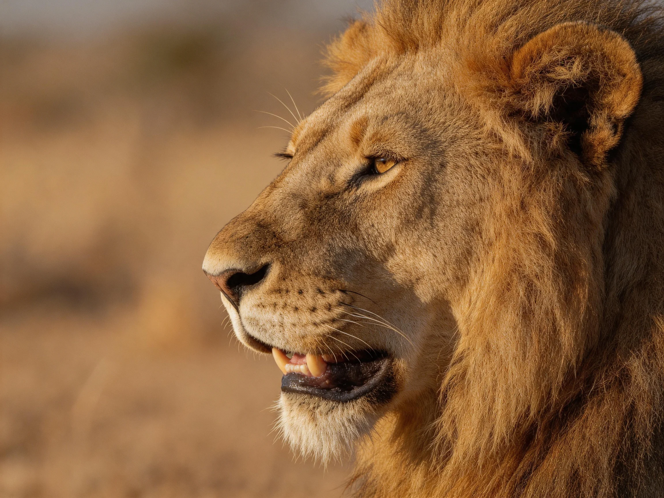 A close - up of a male lion with golden mane in a natural setting.