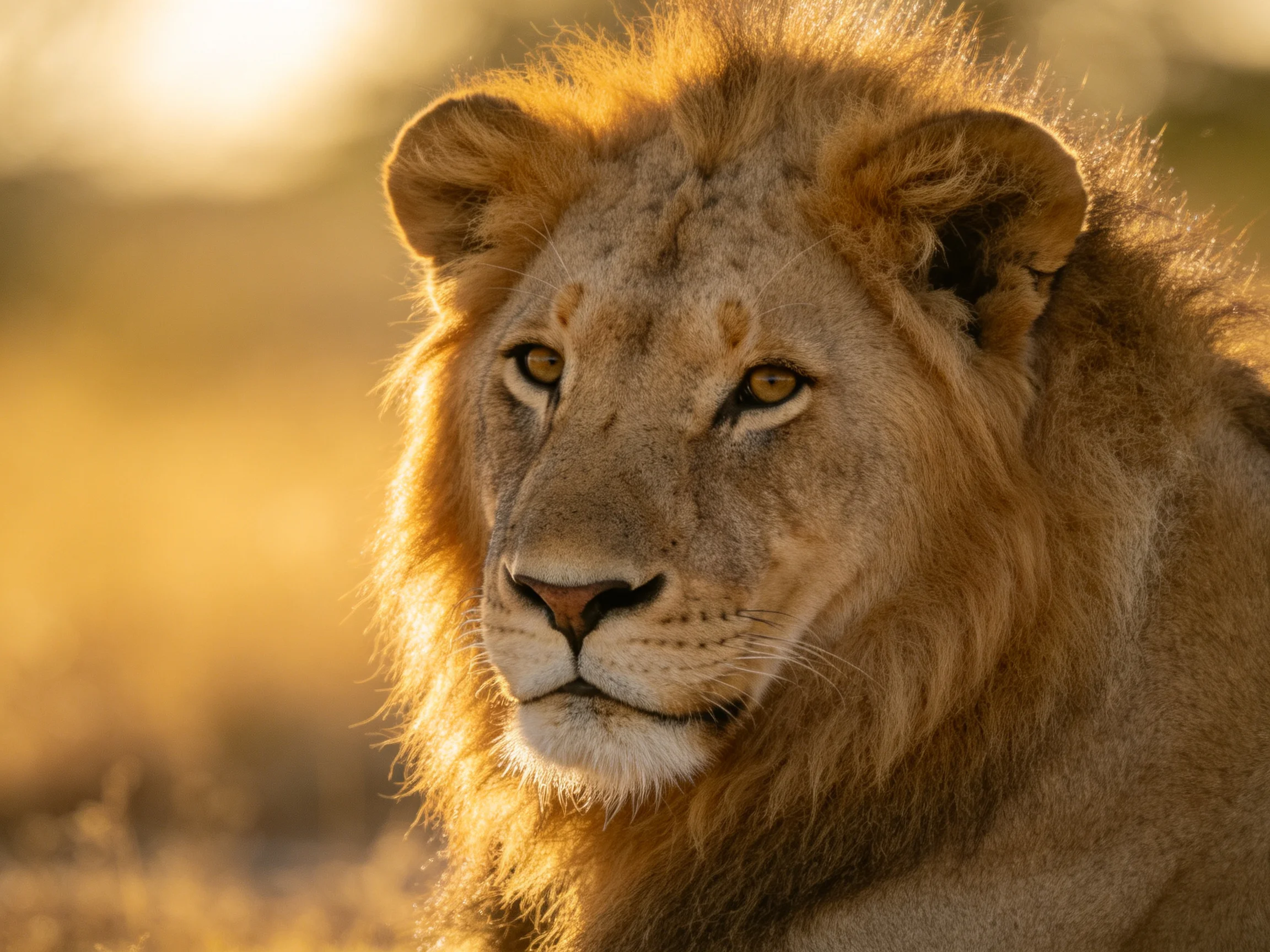 A majestic male lion rests in a sunlit savannah landscape.