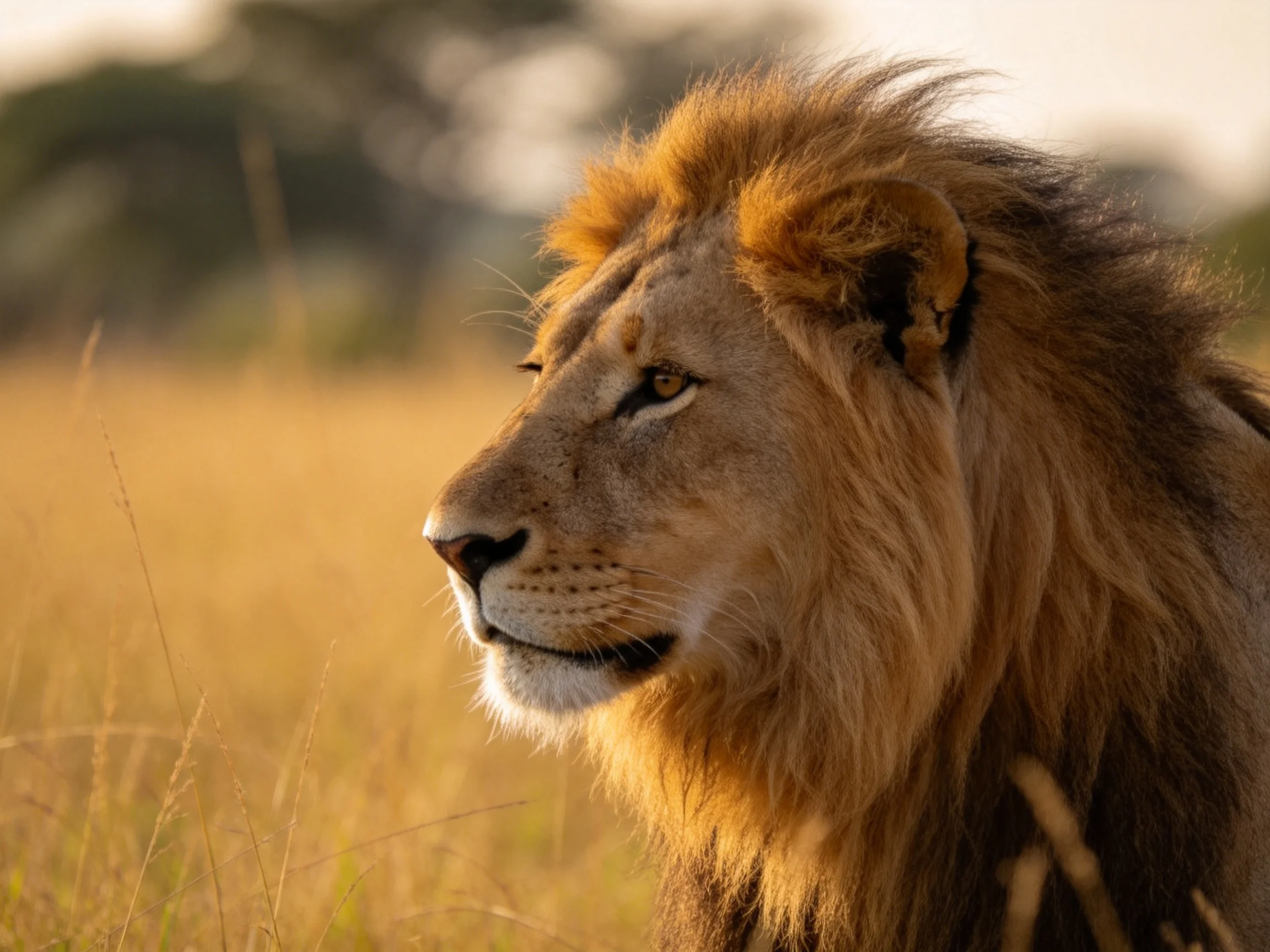 A majestic male lion with golden mane in sunlit savannah