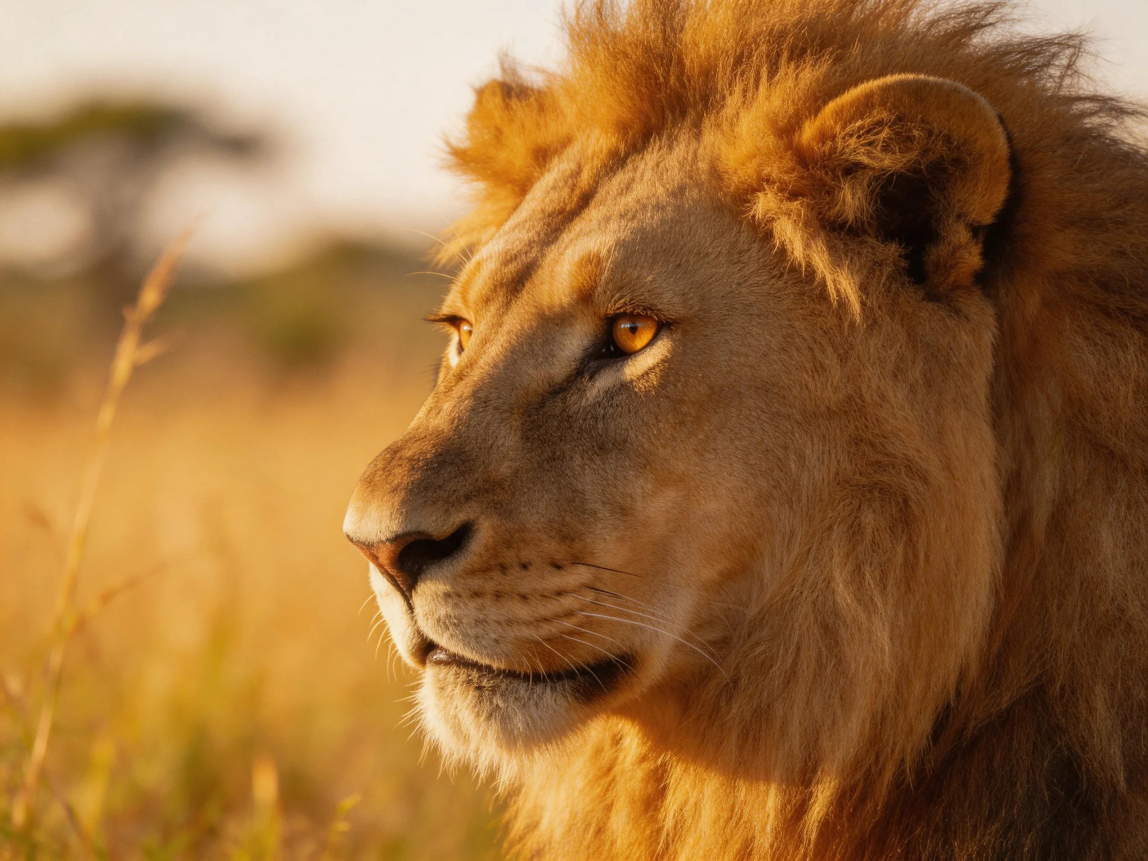 Close - up of a majestic male lion in a sunlit savannah landscape