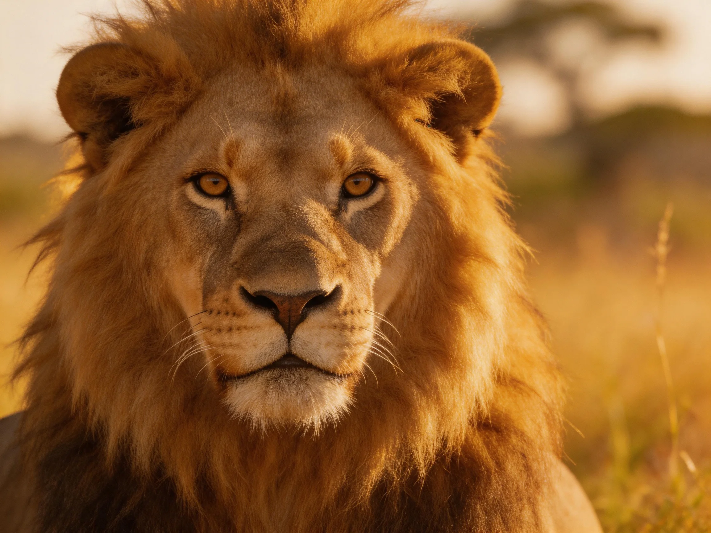 Close-up of a majestic male lion in a sunlit savannah setting.