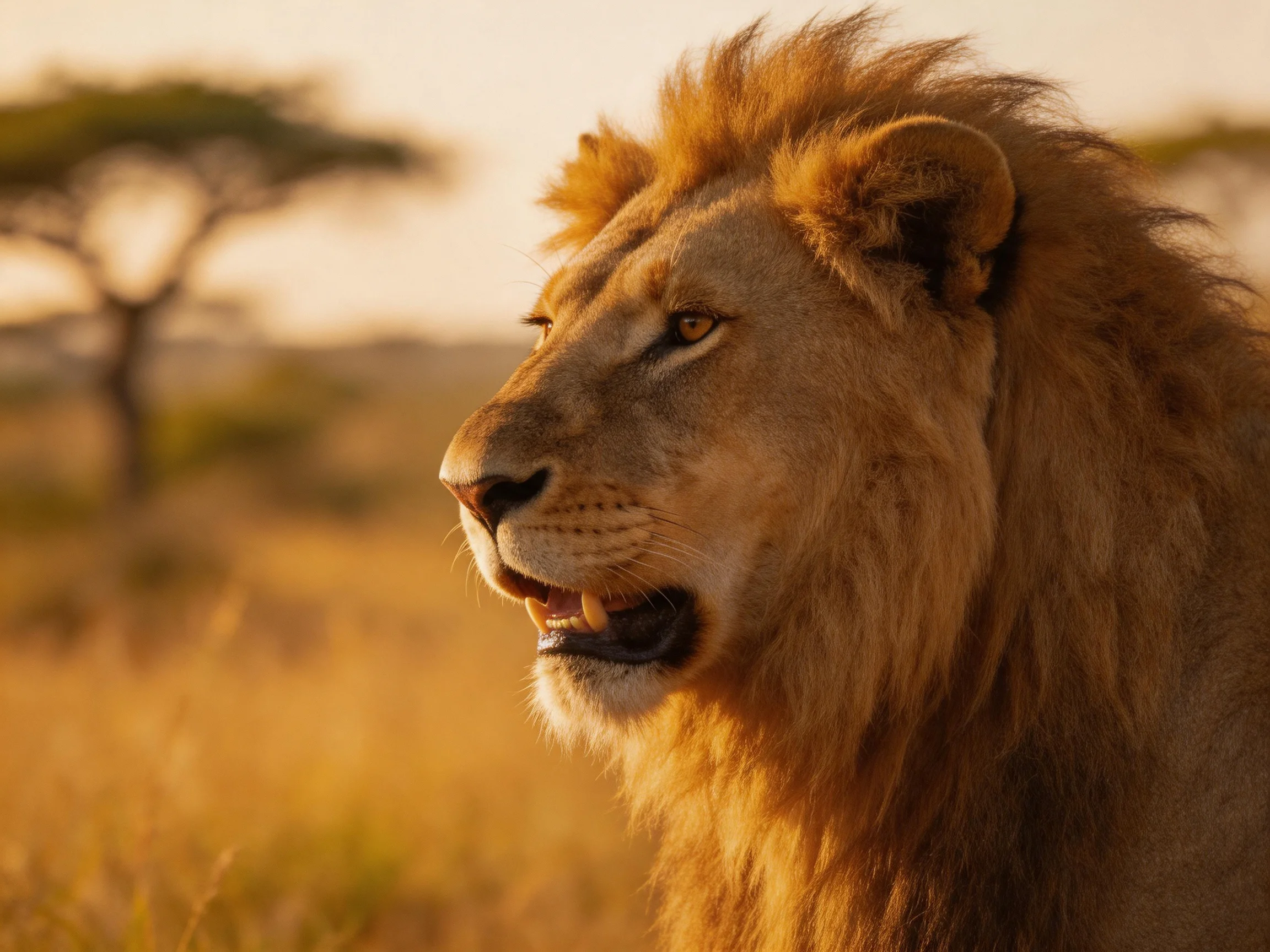 A majestic male lion stands in a sunlit savannah with blurred acacia trees.