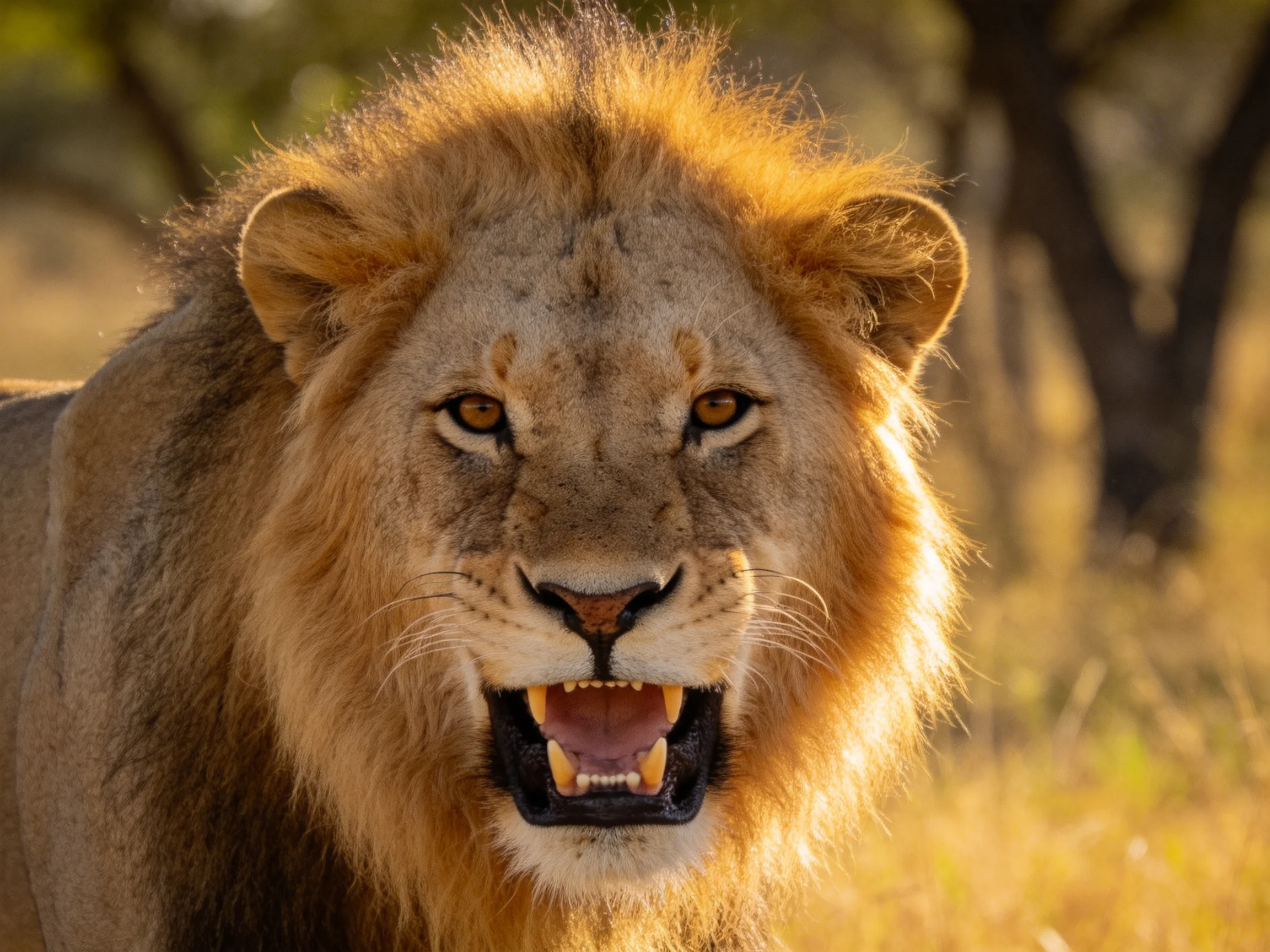 Close - up of a male lion with open mouth in sun - drenched savannah landscape.