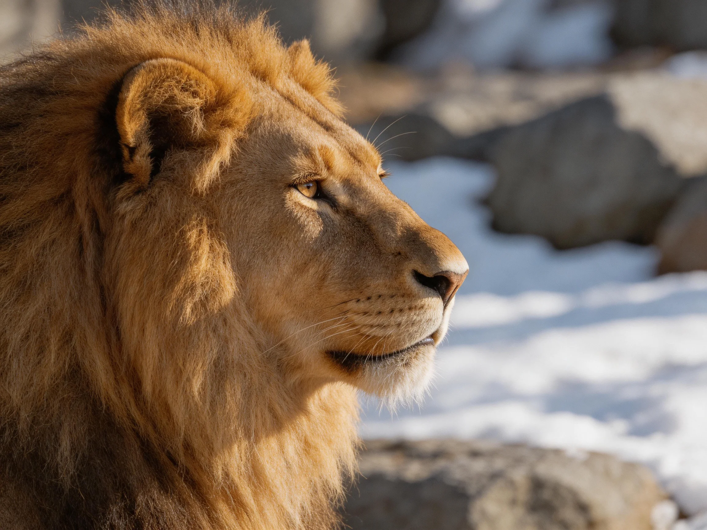 A majestic male lion is shown in profile near rocks and snow.