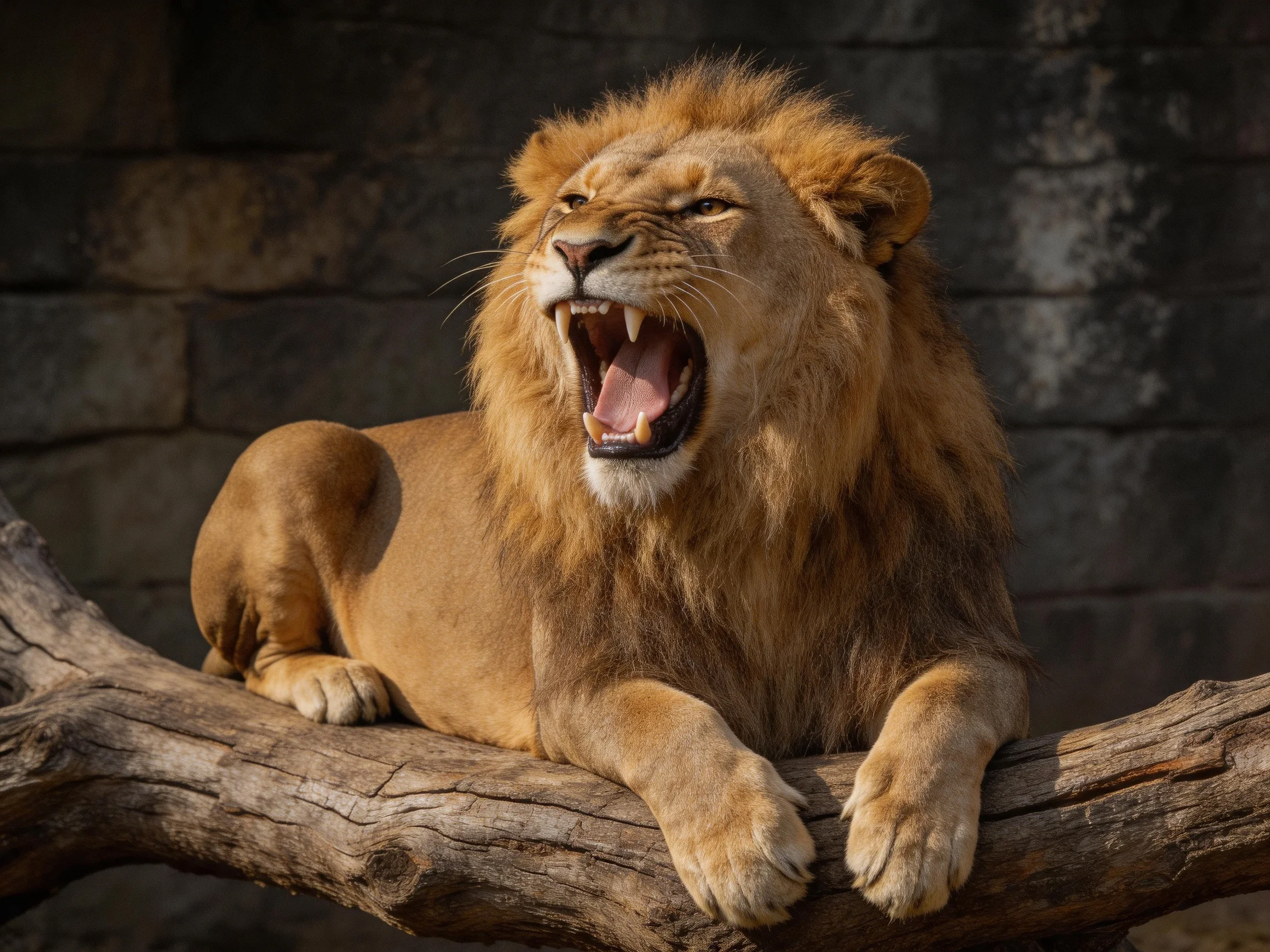 A male lion rests on a branch with its mouth open near a stone wall.
