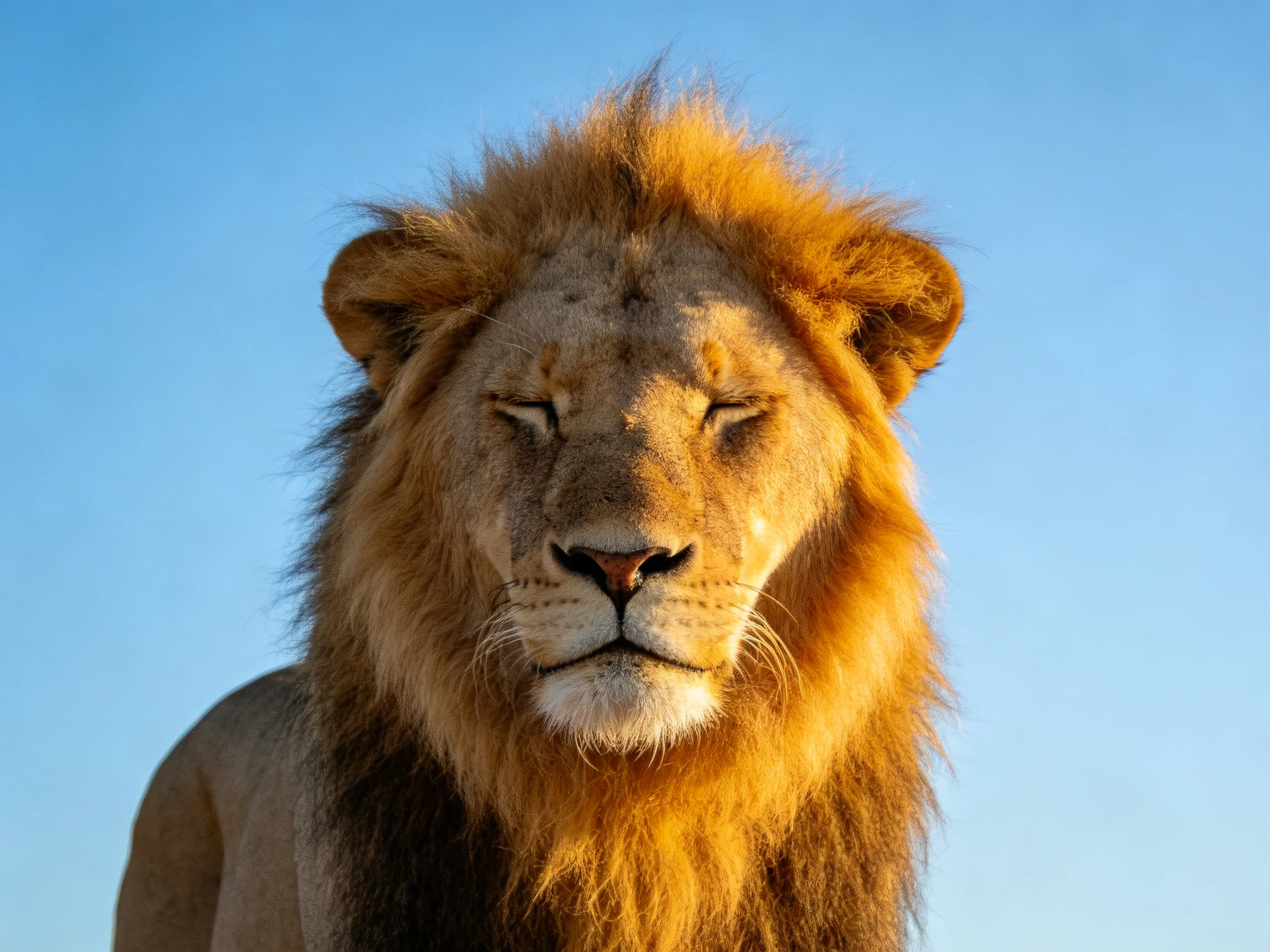 A majestic male lion stands calmly with eyes closed against a clear blue sky.