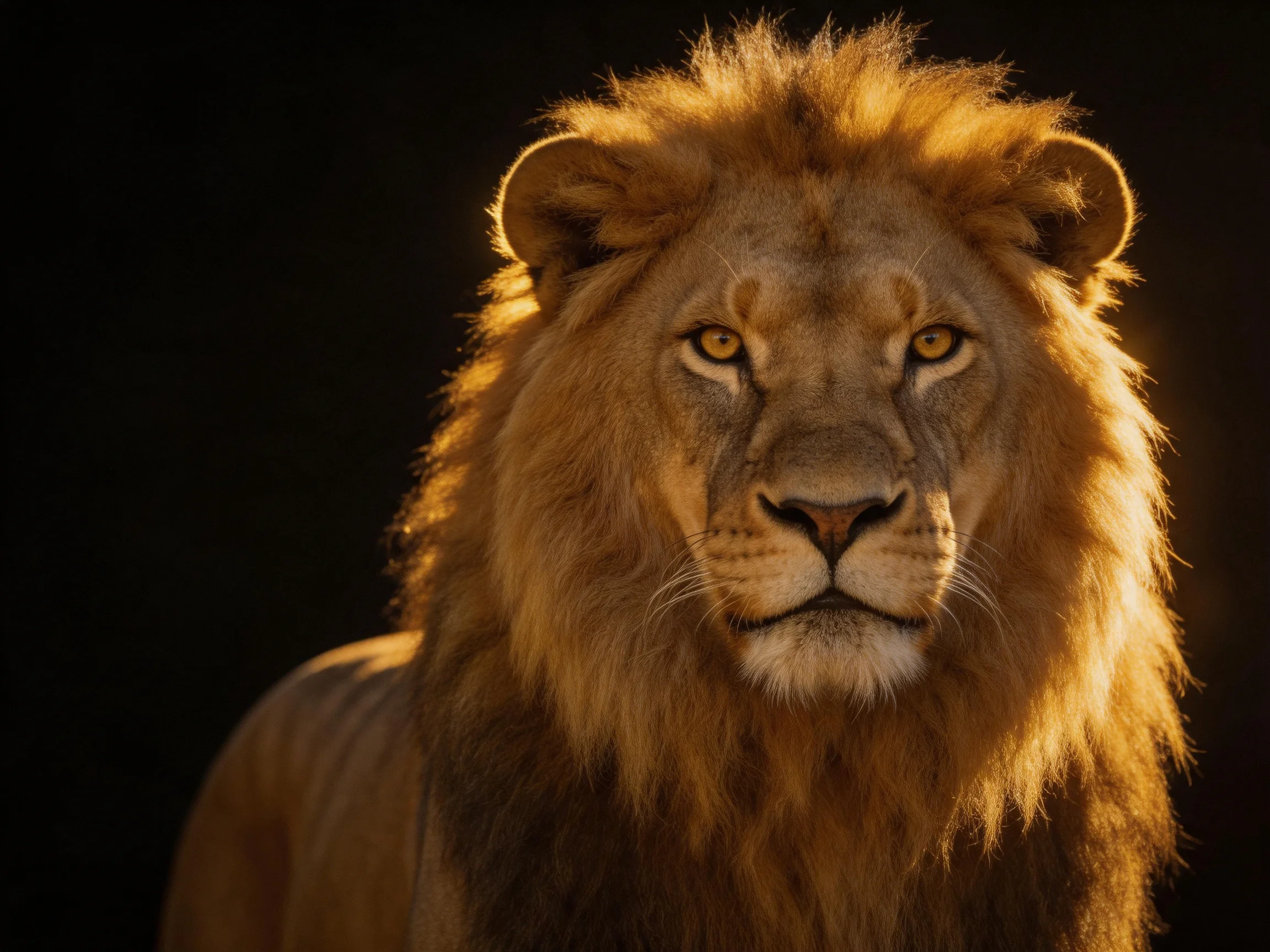 A majestic male lion is highlighted by warm lighting against a dark backdrop.