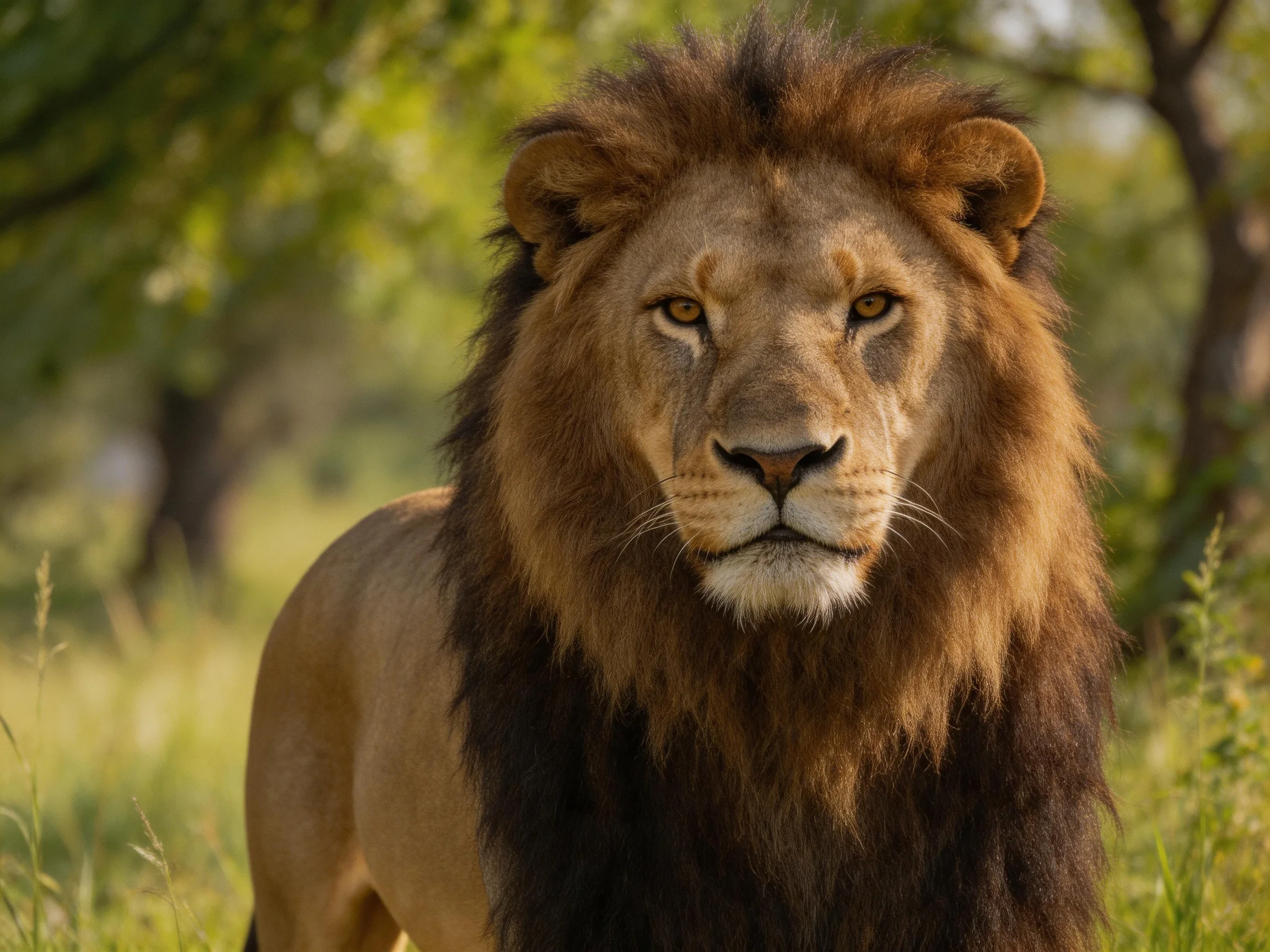 A majestic male lion stands in a sunlit savannah with a thick brown mane.