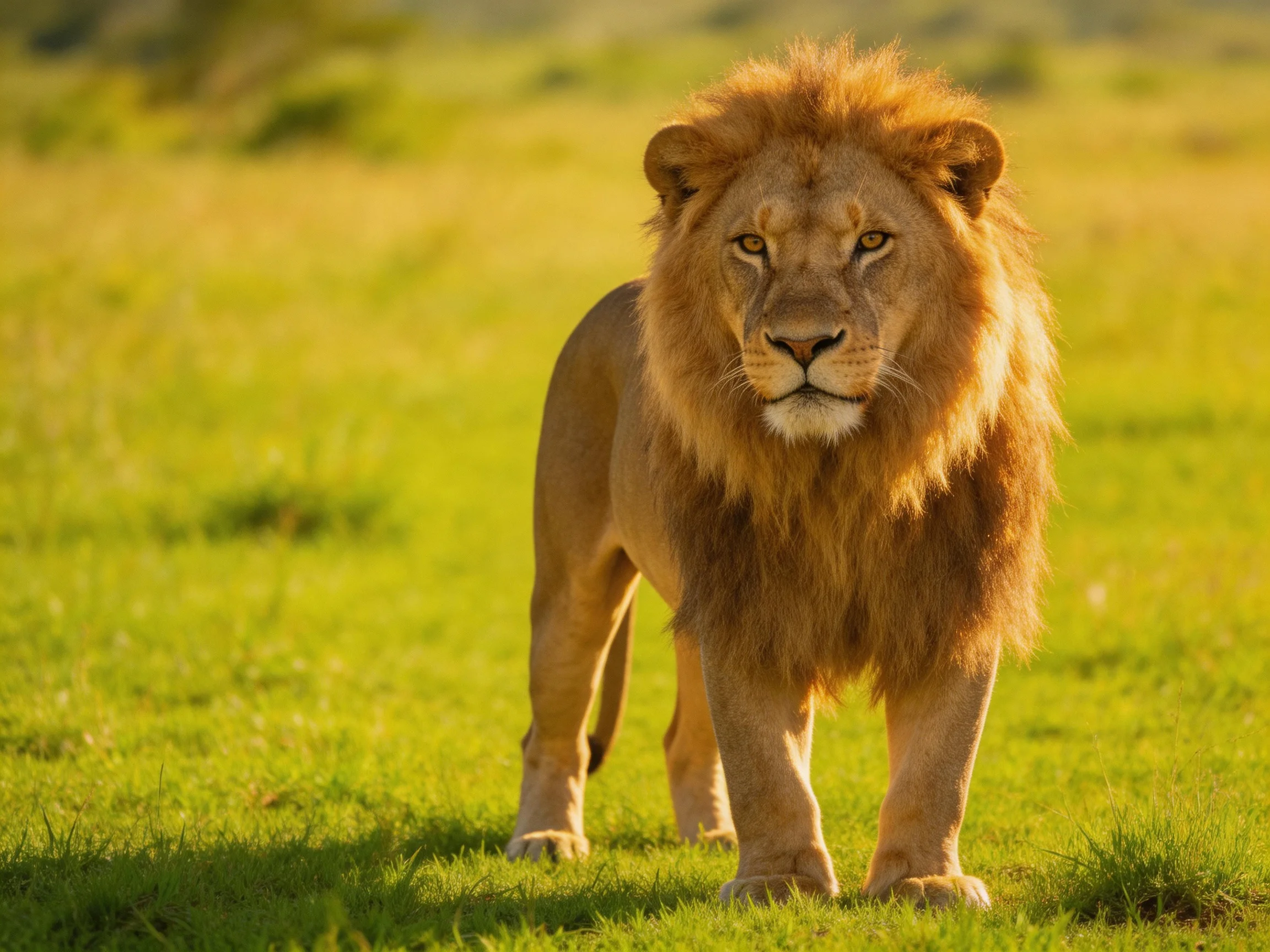 A majestic male lion stands confidently on a sunlit green savannah.