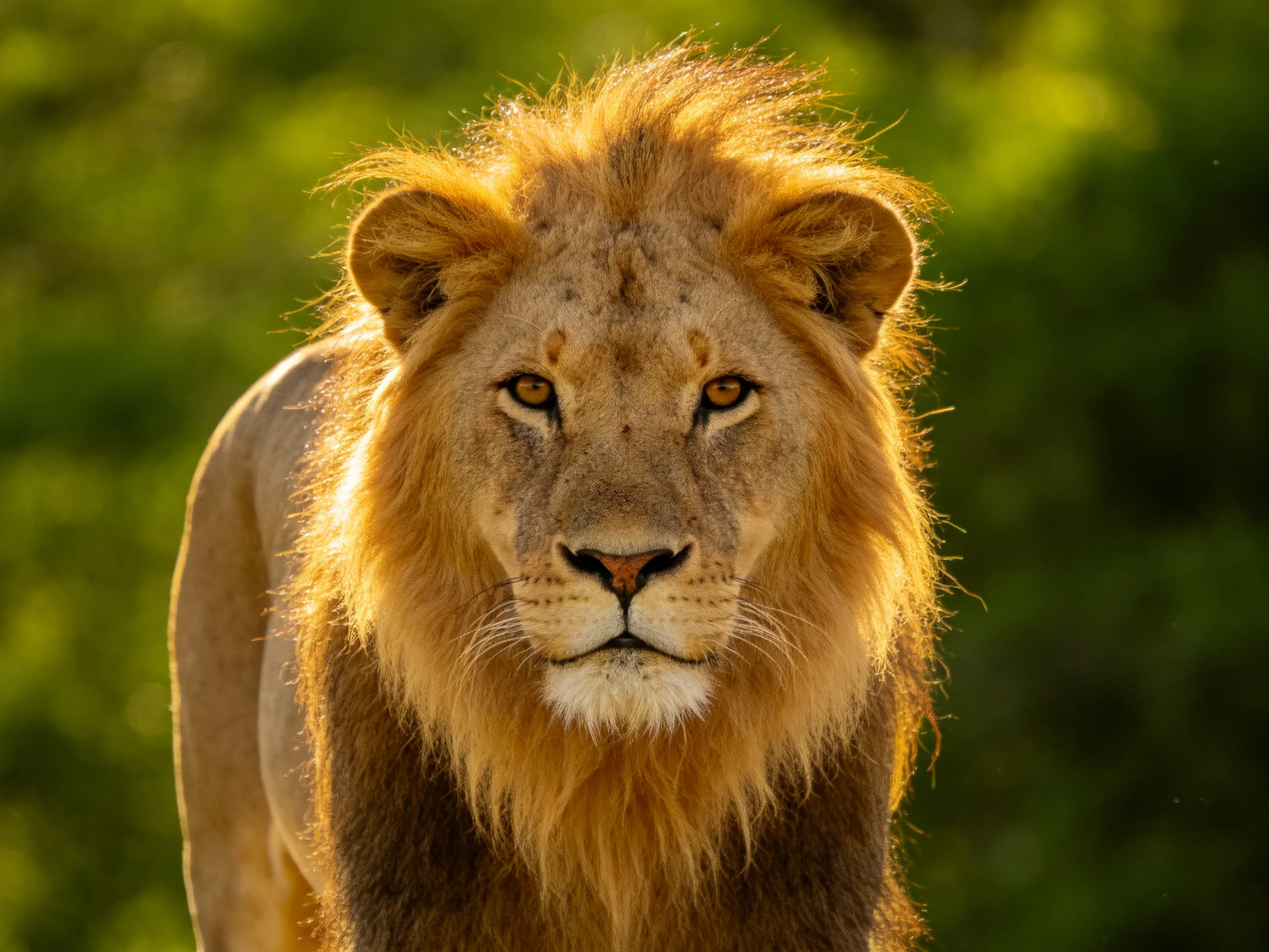 A close - up of a male lion with a golden mane in a green environment.